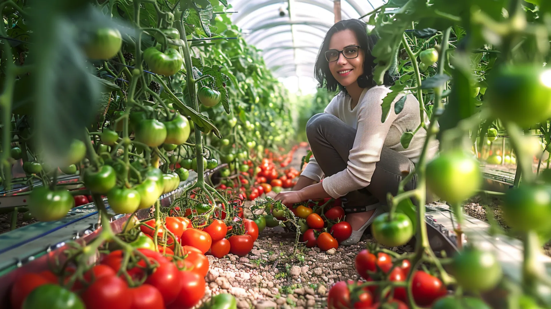  Dedicated agronomist meticulously caring for a lush tomato crop in a sunlit greenhouse, ensuring healthy growth and sustainable agriculture practices