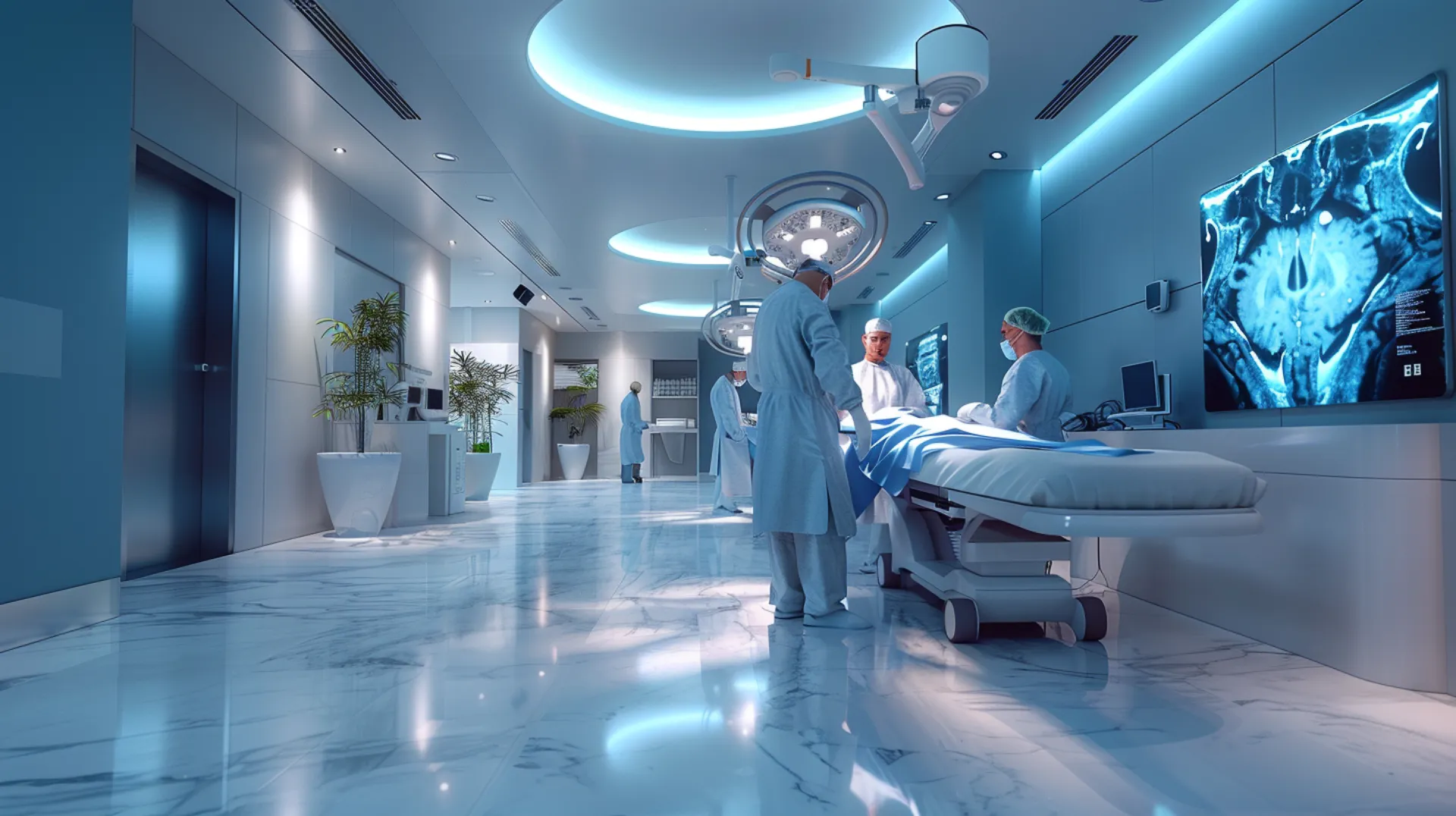 Surgical operation in progress at a technologically advanced modern hospital, showcasing cutting-edge medical care