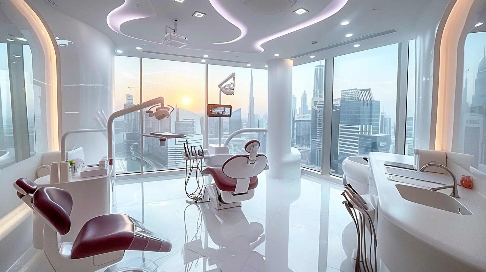 Contemporary dental office located in a high-rise in Dubai, featuring panoramic views and state-of-the-art equipment