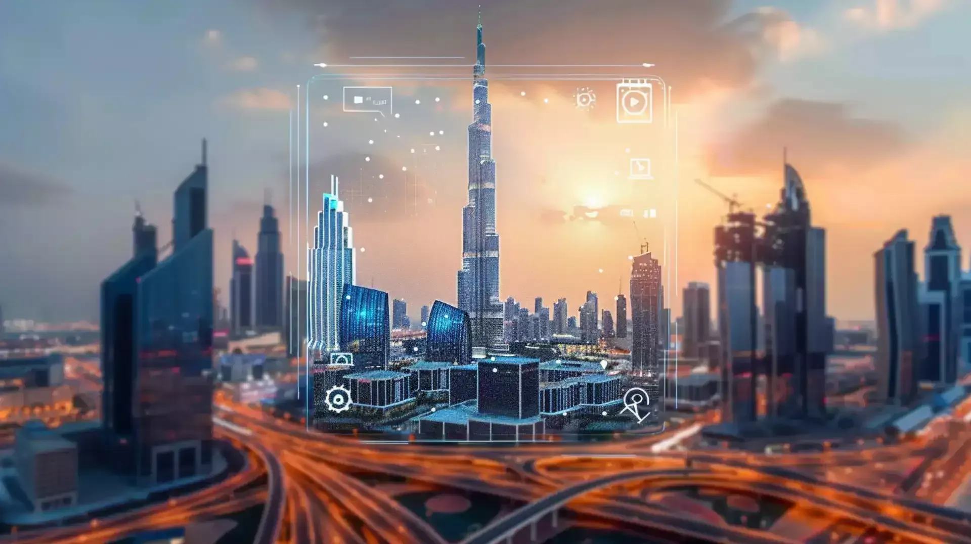 Dubai cityscape with AI icons, showcasing technological advancement for business growth