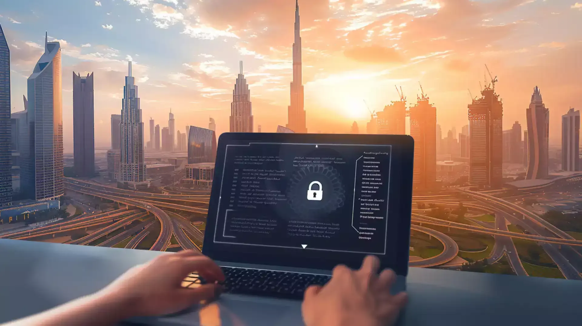 Dubai skyline overlaid with cybersecurity imagery, symbolizing strategic investment in digital defense
