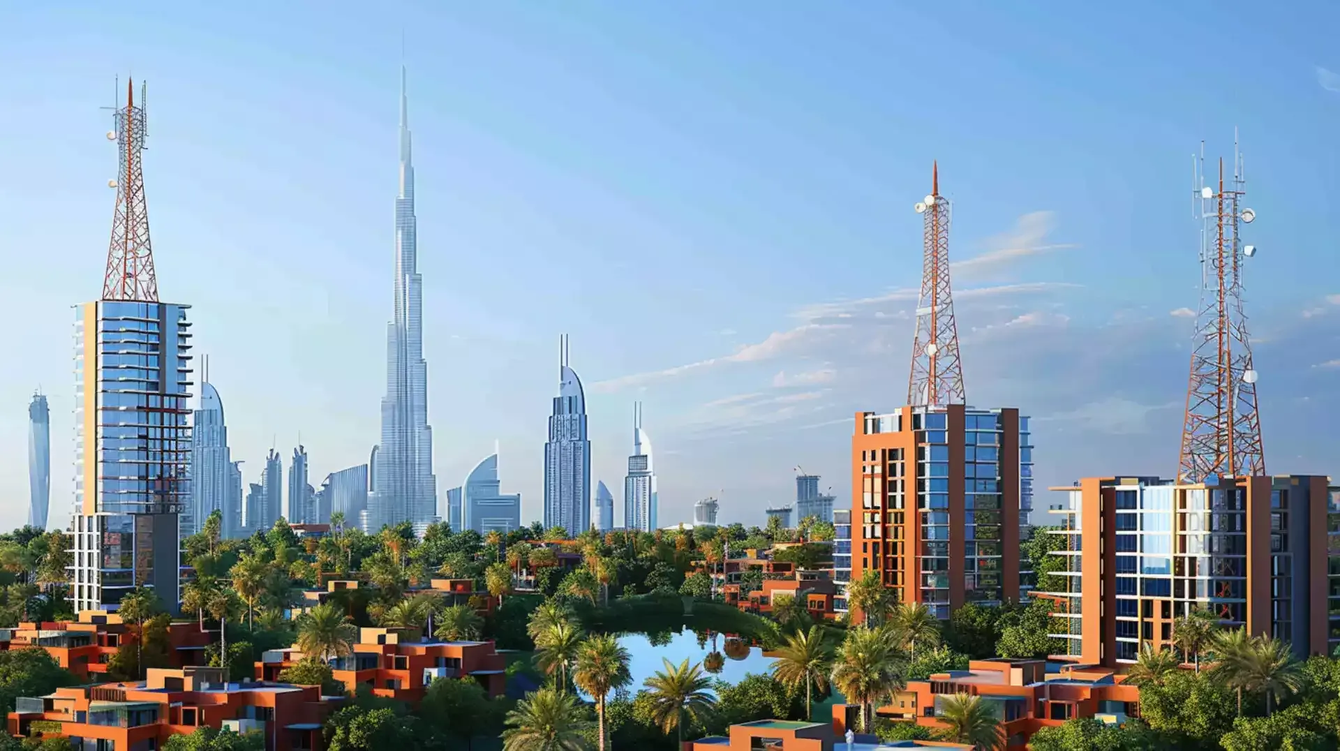 Telecom equipment against Dubai skyline, representing investment prospects in the sector