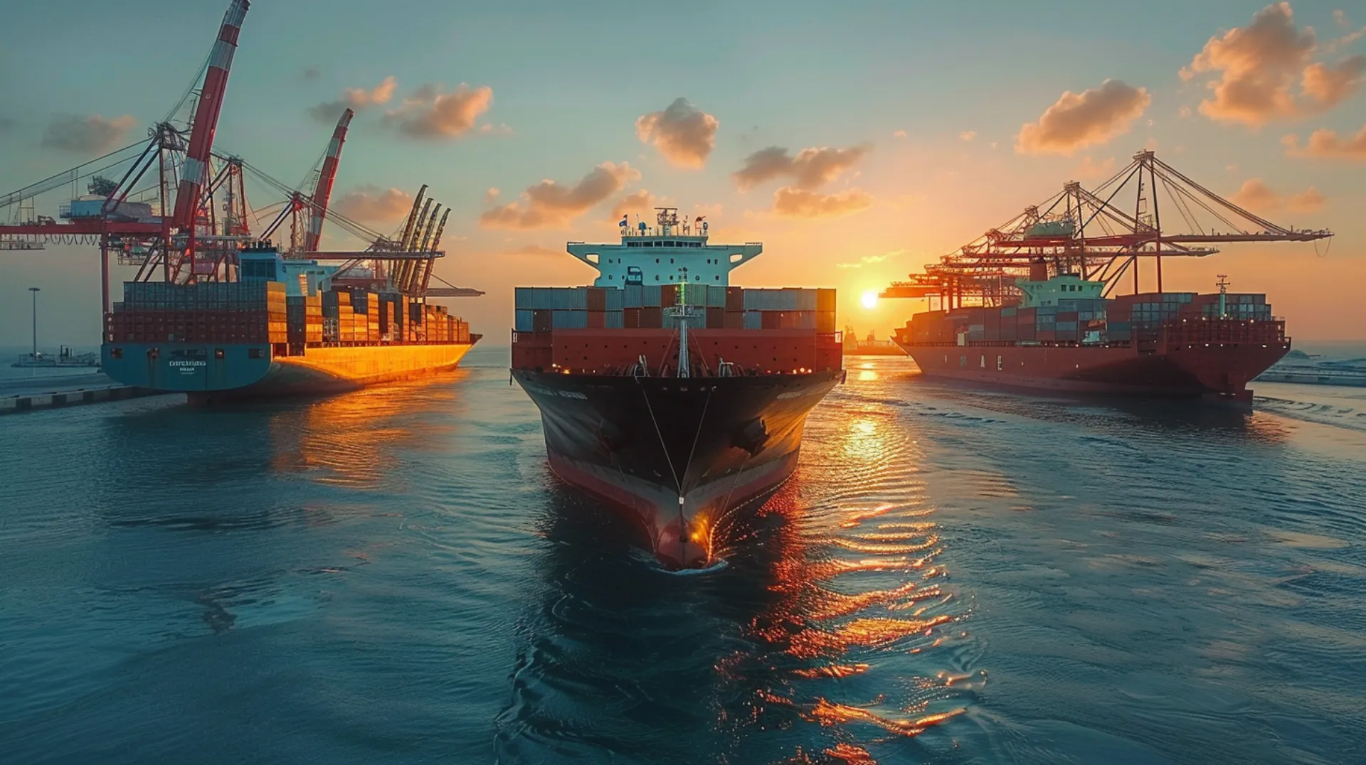  Cargo ships sailing in the open sea near Dubai, with a clear horizon and busy maritime trade routes