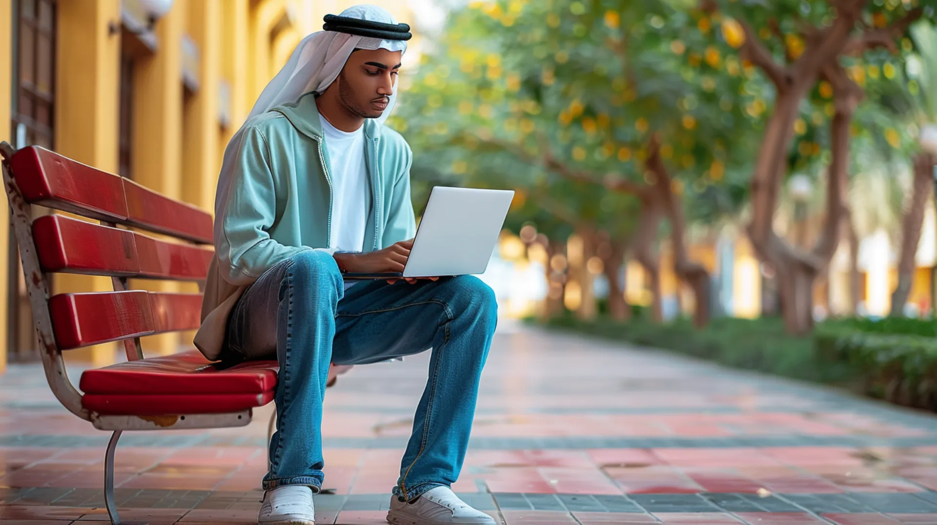 Student learning through a laptop while sitting in a park, blending nature with technology for education