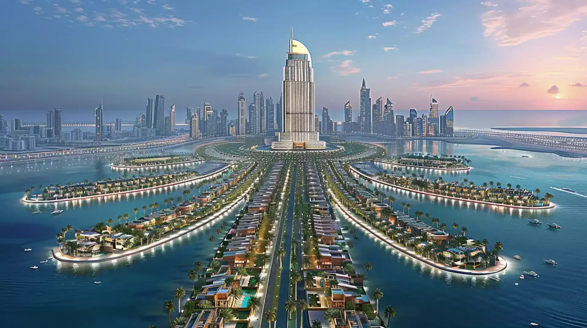 A stunning depiction of Dubai's infrastructure, illustrating futuristic skyscrapers and advanced transportation networks