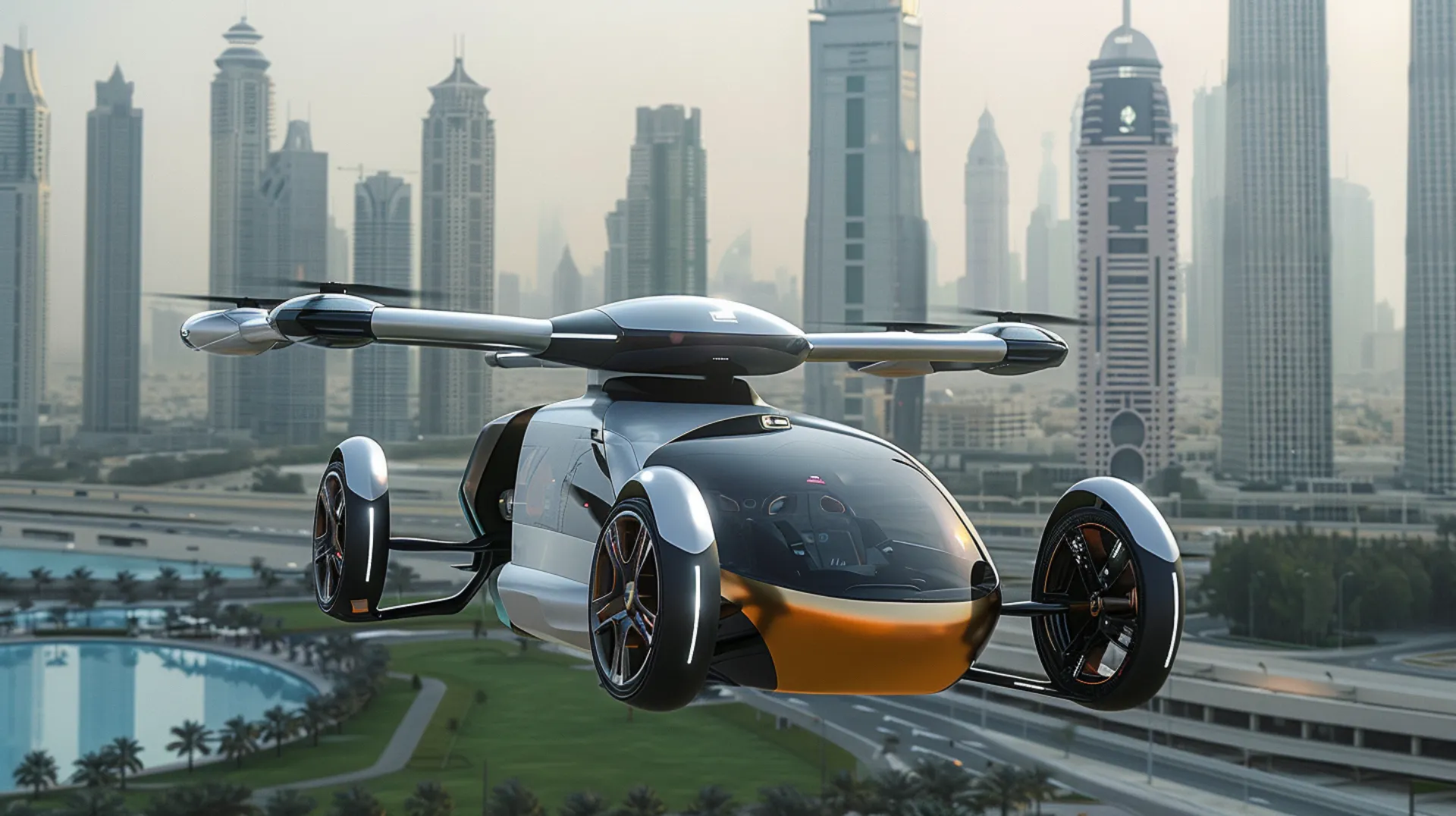 Flying taxis in Dubai soaring above the cityscape, representing the futuristic mode of transportation