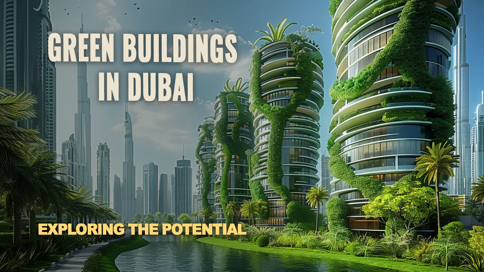 View of green buildings in Dubai, showcasing sustainable architecture and eco-friendly urban development.