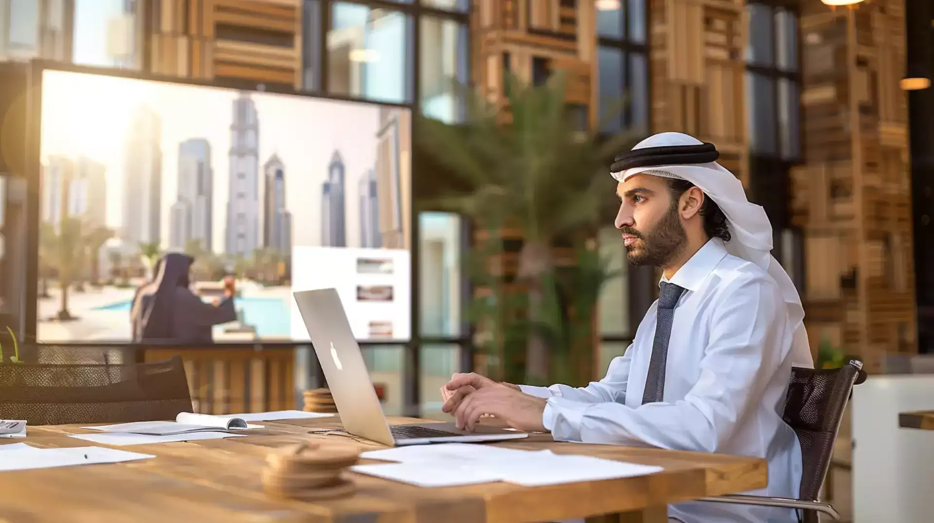 A real estate agent presenting a property investment plan in Dubai