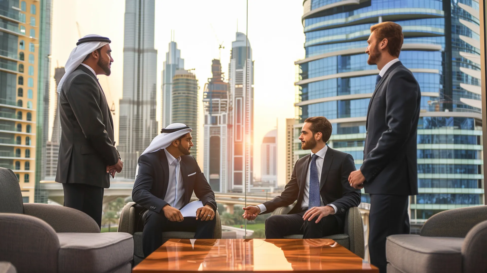 Business meeting of four businessmen in Dubai's business center, with two local and two foreign entrepreneurs discussing partnerships