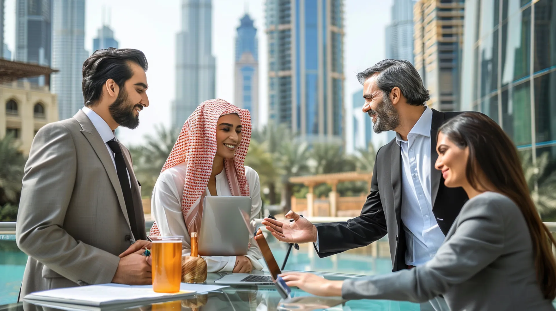 Business meeting between foreign and local businessmen in the center of Dubai, fostering international relations