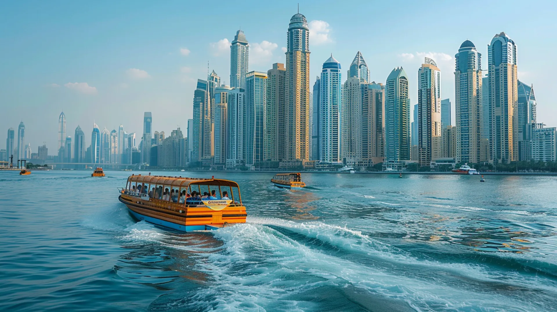 Tourists enjoying a speedboat ride in Dubai, with the city's skyline in the background