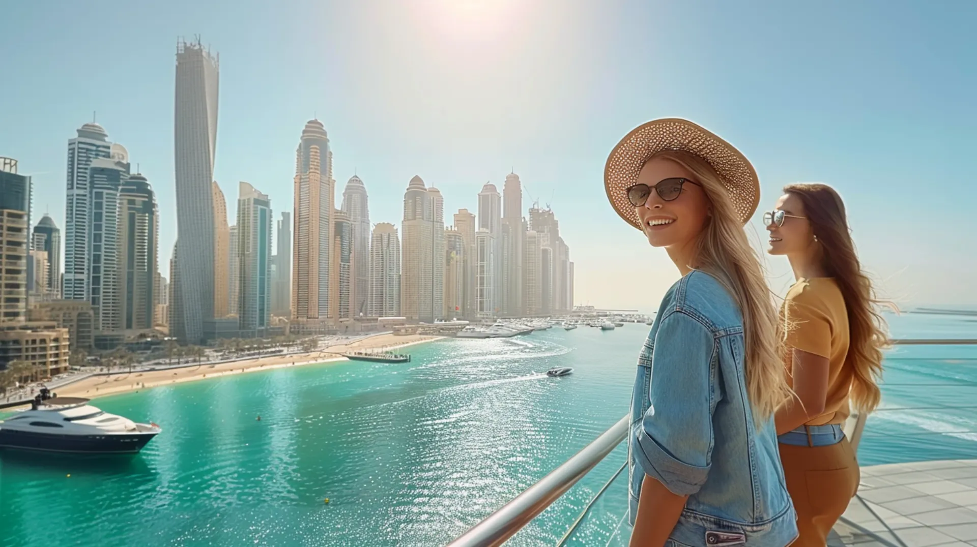 Tourists in Dubai viewing the city center, marveling at the modern architecture and skyline