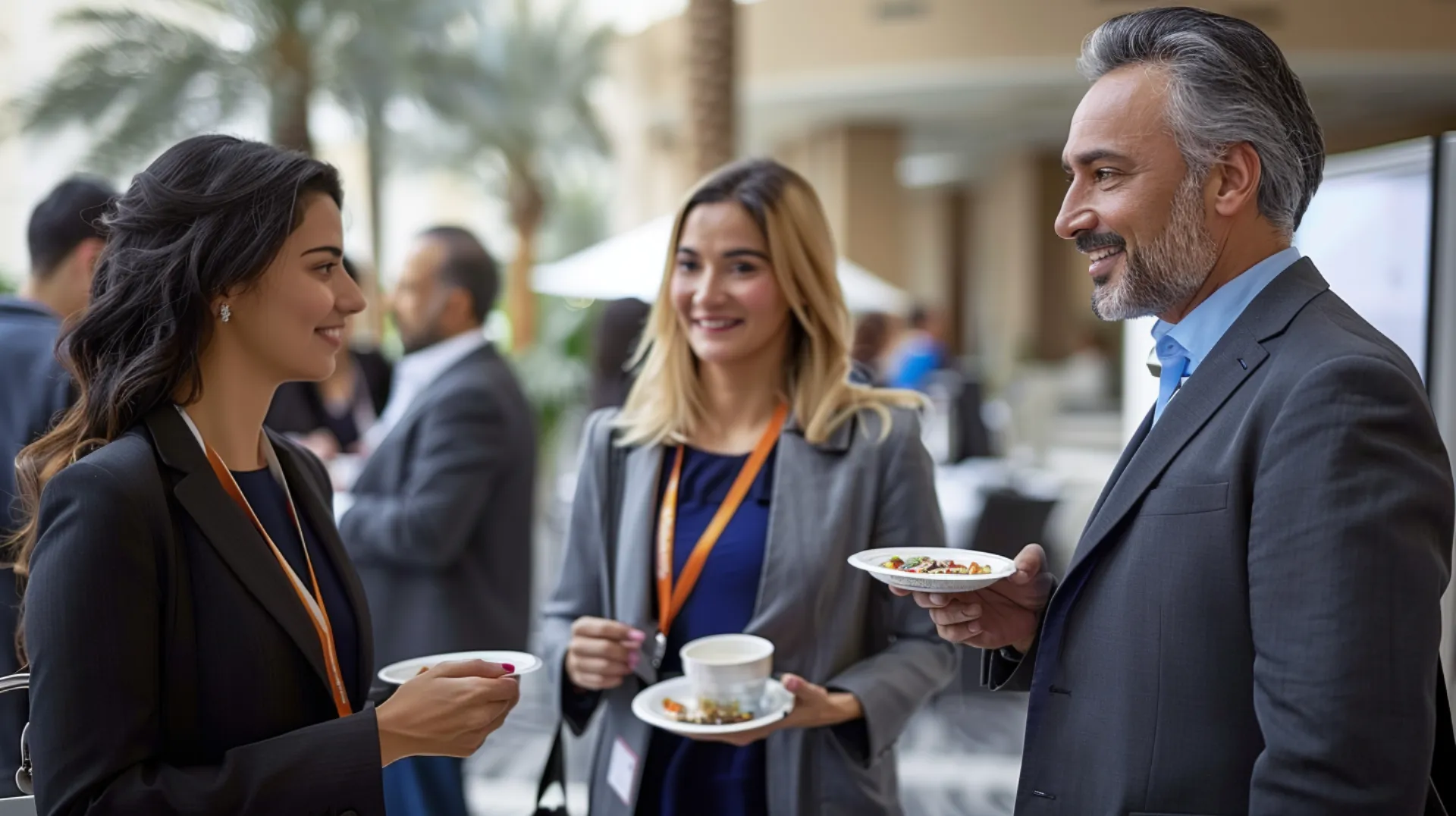 Entrepreneurs engaging in conversation at a networking event in Dubai, exchanging ideas and contacts