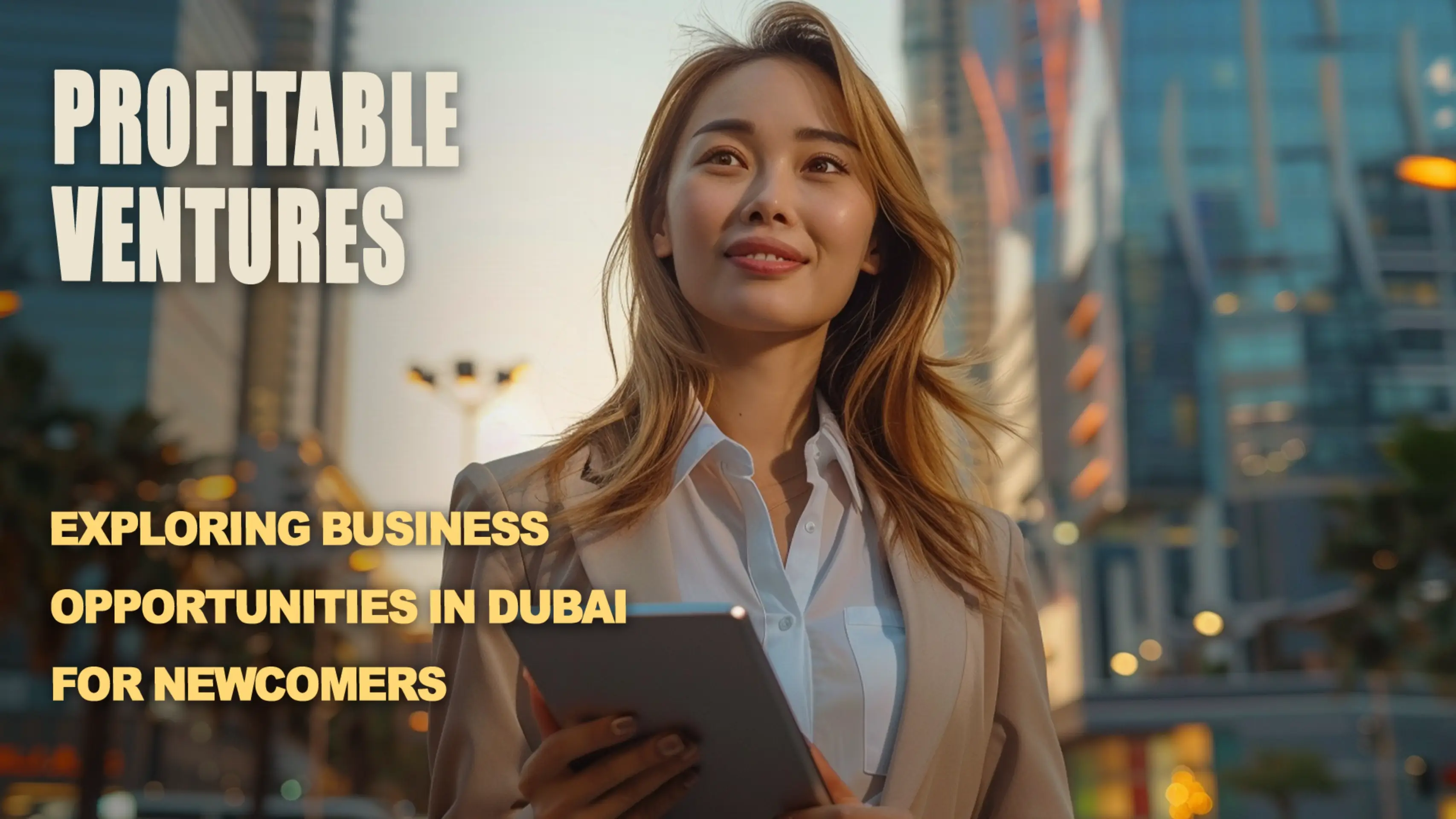 Female entrepreneur with a tablet in hand, exploring profitable business ventures with the Dubai skyline as a backdrop.