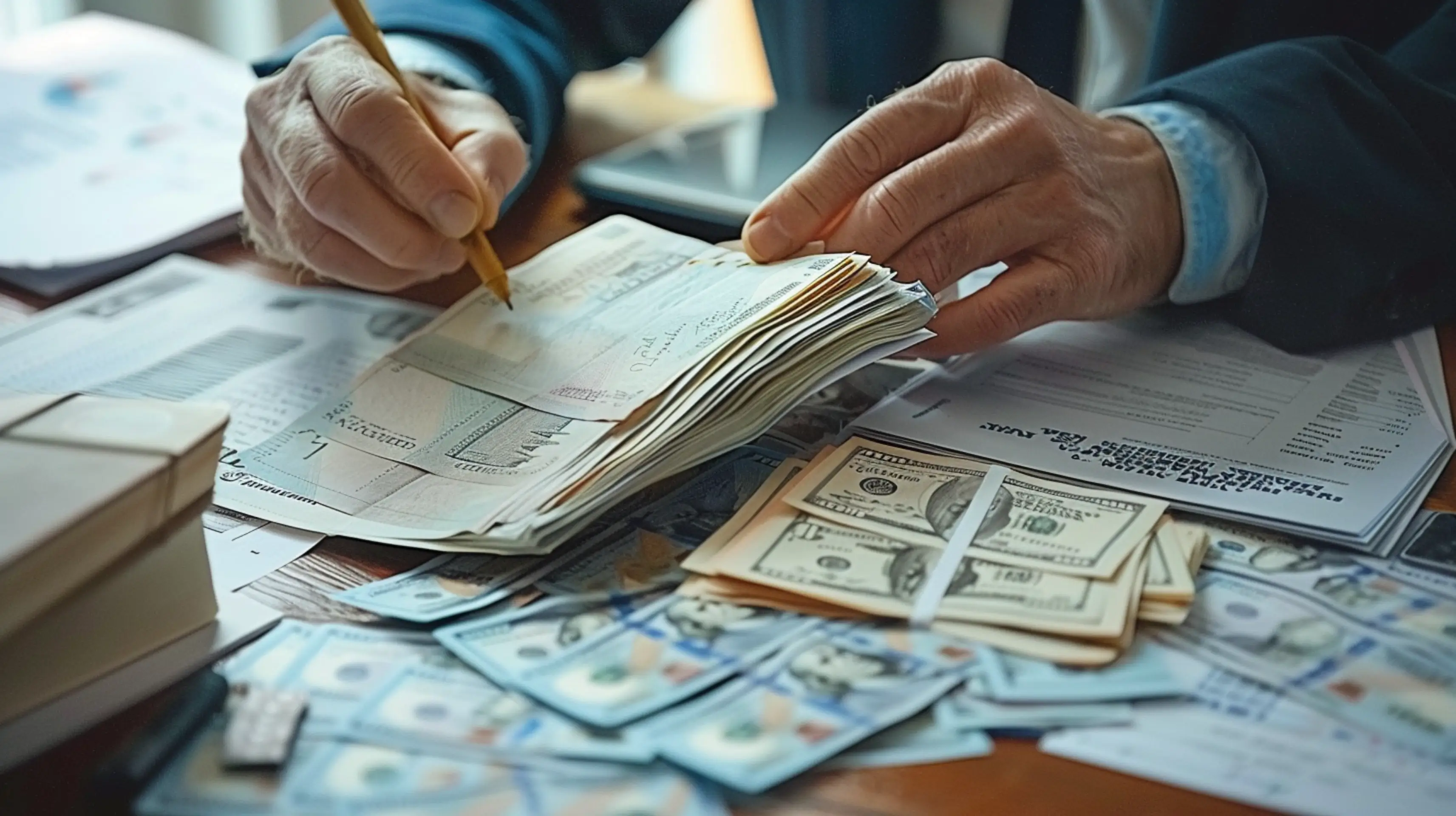 Financier counting bills with various financial documents on the table, highlighting strategies for business financing