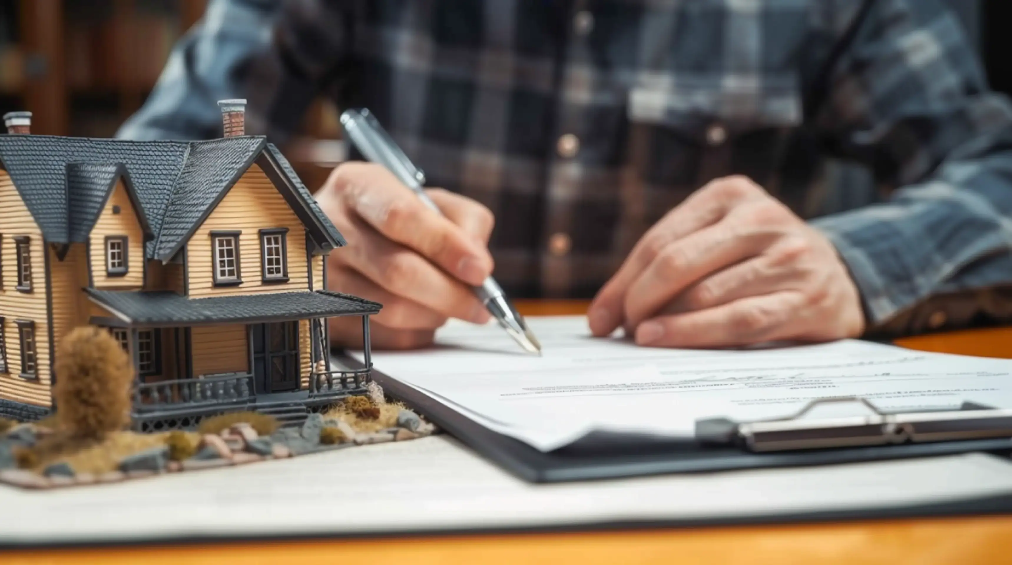 Male professional signing papers with a small house model on the table, symbolizing market dynamics in action.