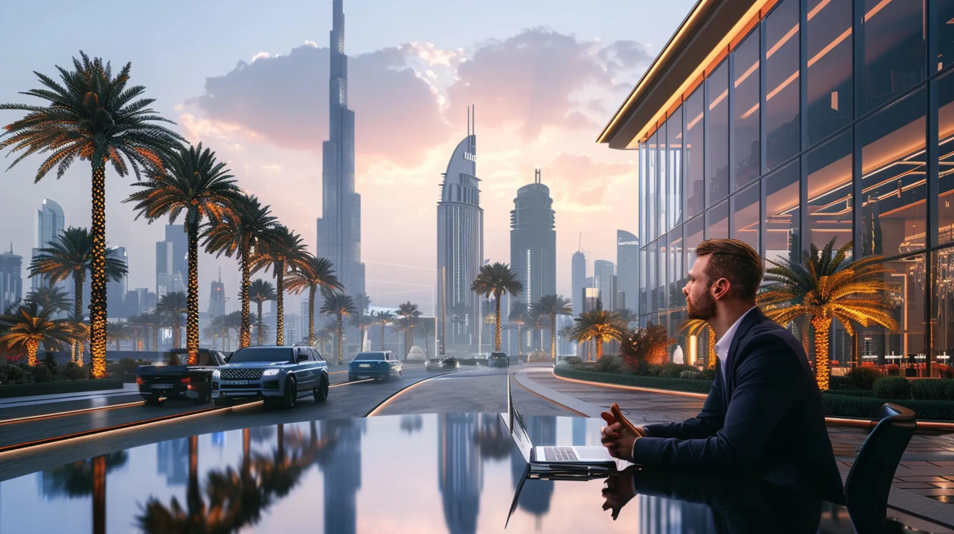 Man sits contemplatively with laptop, overlooking Dubai  cityscape