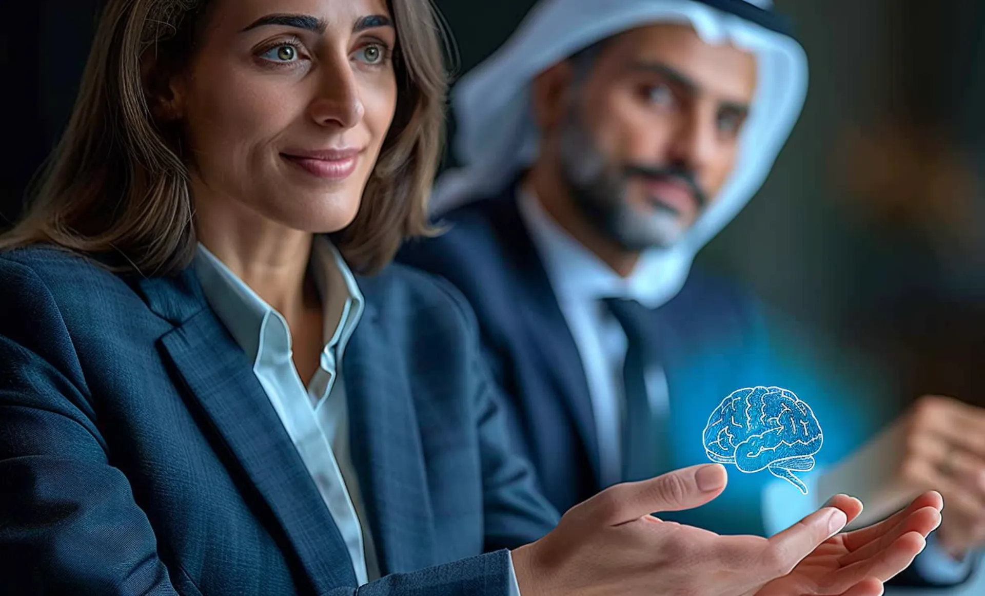 The woman holds a holographic brain image, symbolizing intellectual property