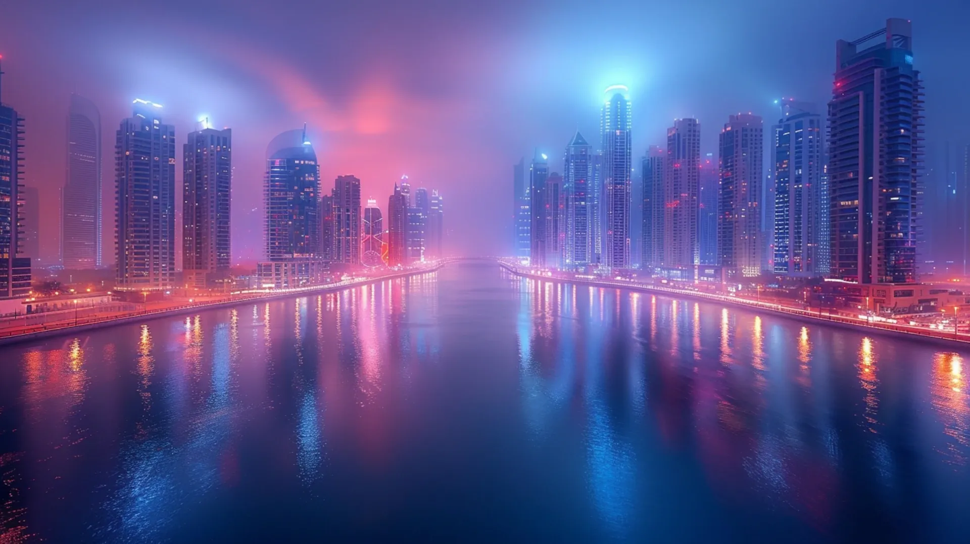 Dubai cloaked in mist at night, a mystical veil adding intrigue and allure to the city's glittering skyline