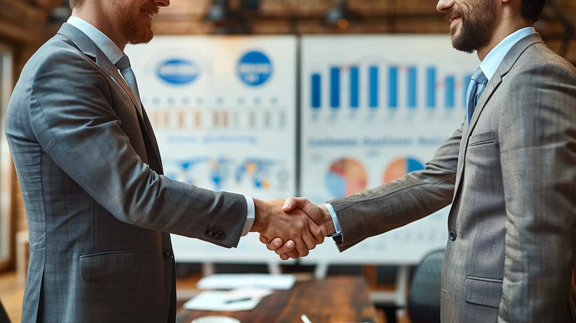 Two men shake hands in front of a graph board, highlighting the importance of business etiquette in Dubai