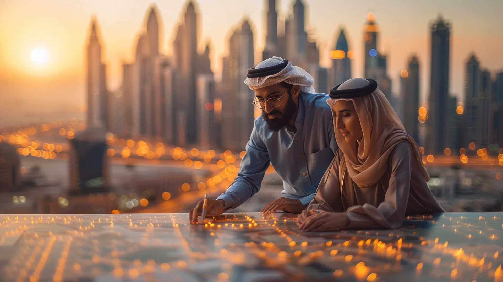 Two Middle Eastern professionals in traditional attire collaborating on a project, with a modern city skyline illuminated by sunset in the background.