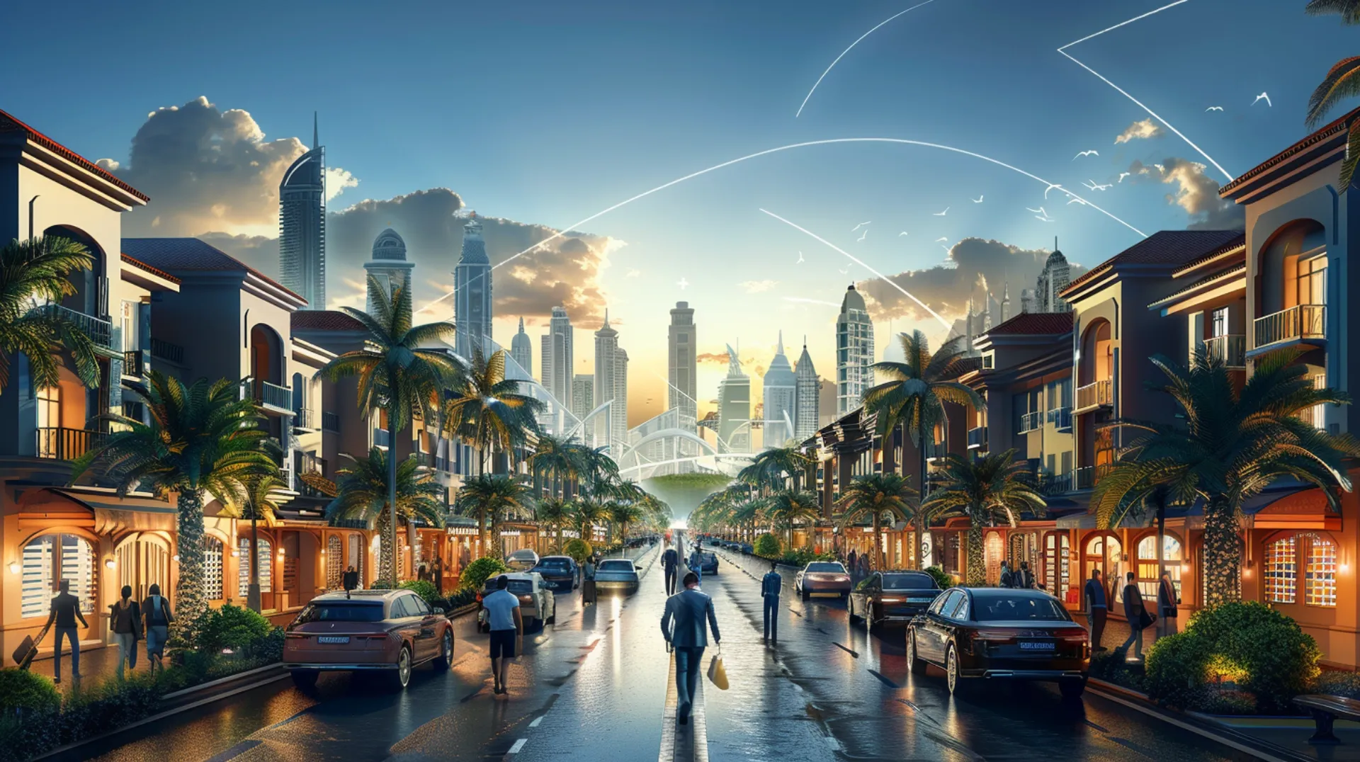 A vibrant Dubai street lined with palm trees and modern buildings, with a futuristic skyline and sunset in the background, bustling with people and cars.