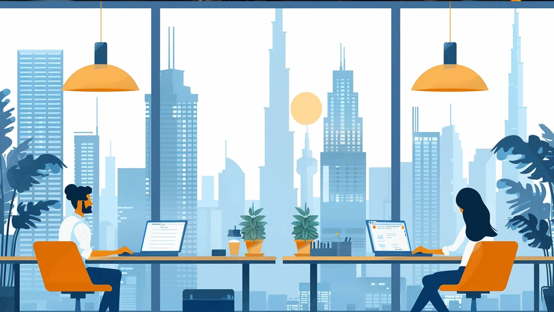 Modern office with two people working on laptops, large windows overlooking the city skyline.