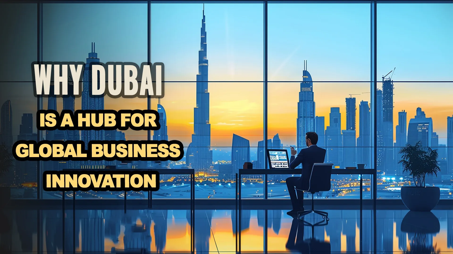 businessman is working in the office with view of the Dubai city skyline at sunset