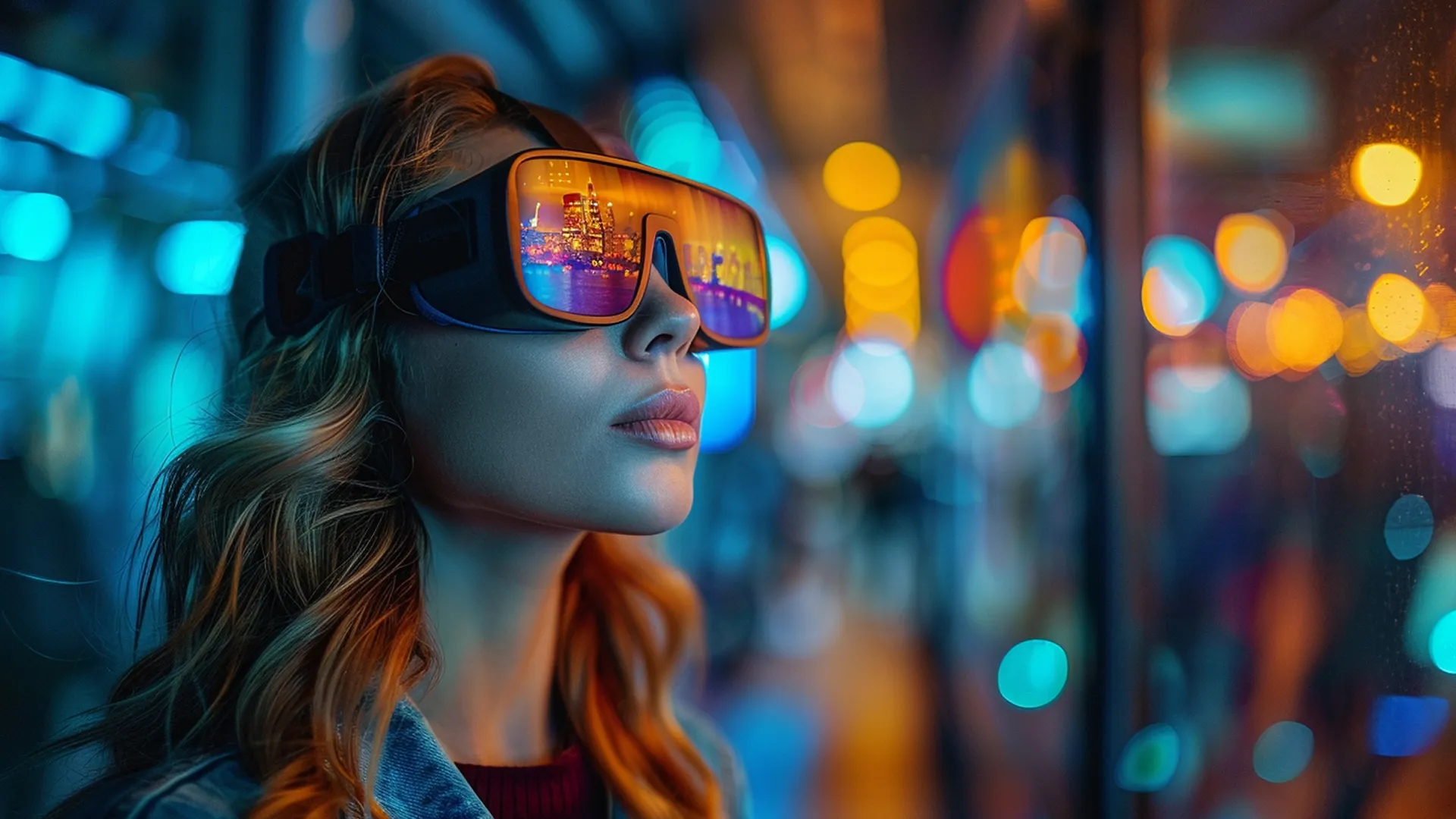 woman wearing AR glasses, looking at the city through augmented reality glass