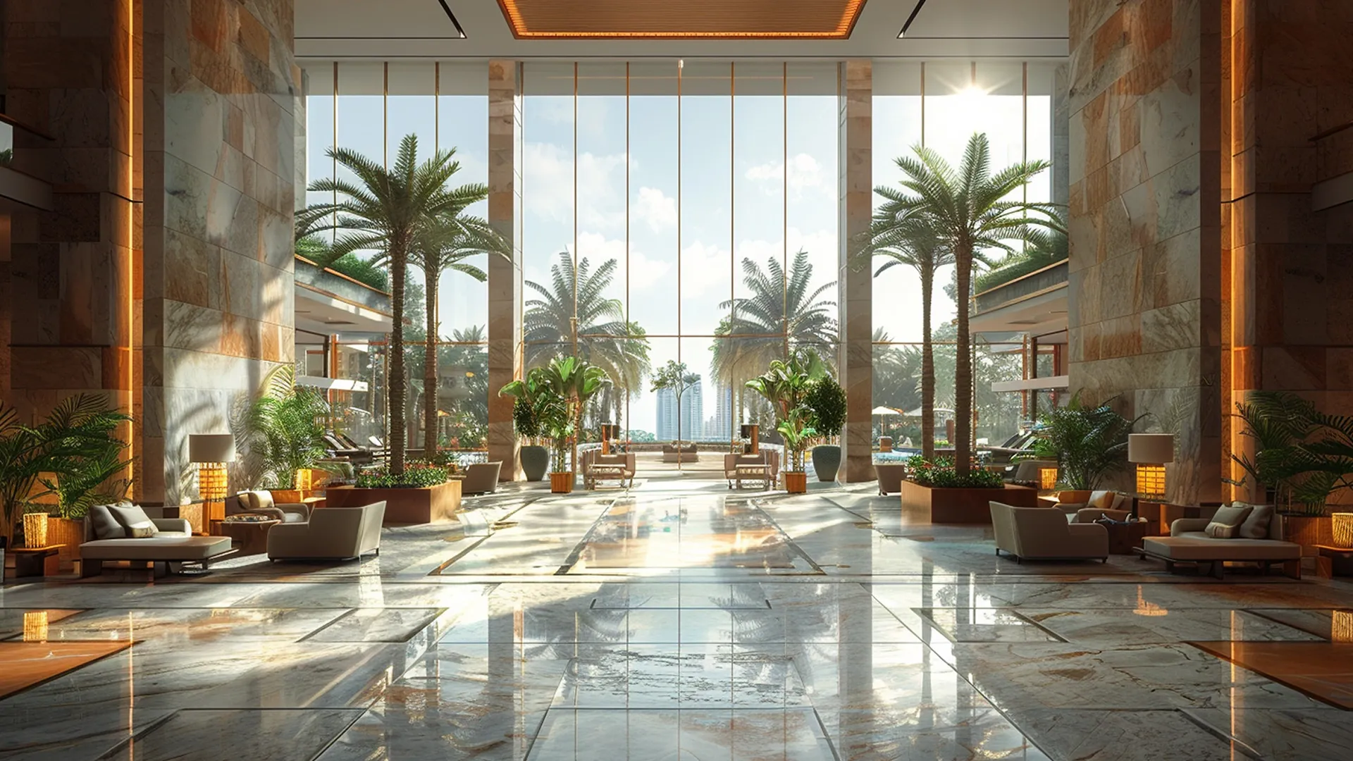 luxurious hotel lobby with palm trees overlooking the Dubai cityscape