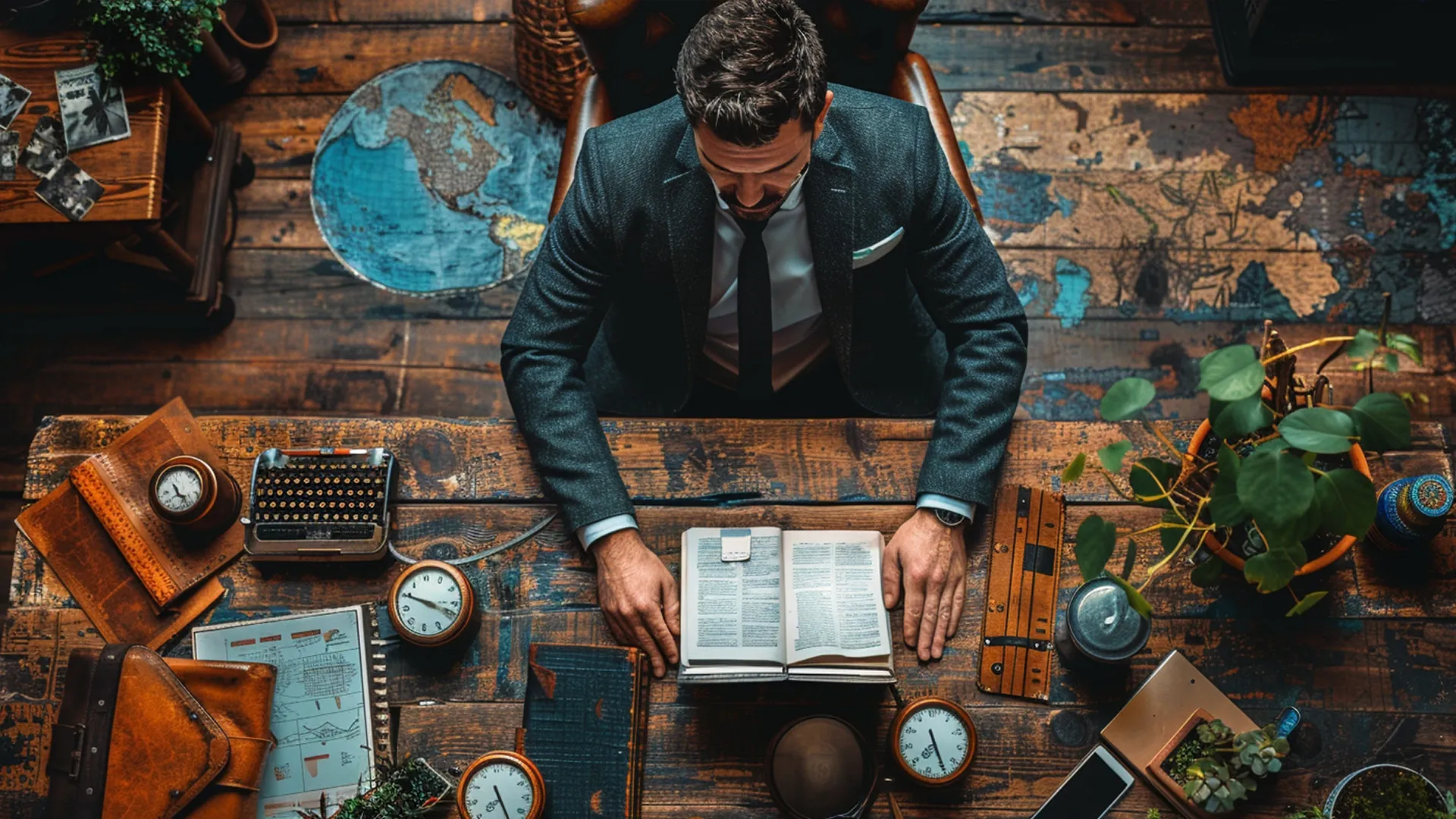 top-down view of an entrepreneur, surrounded by various business tools and documents