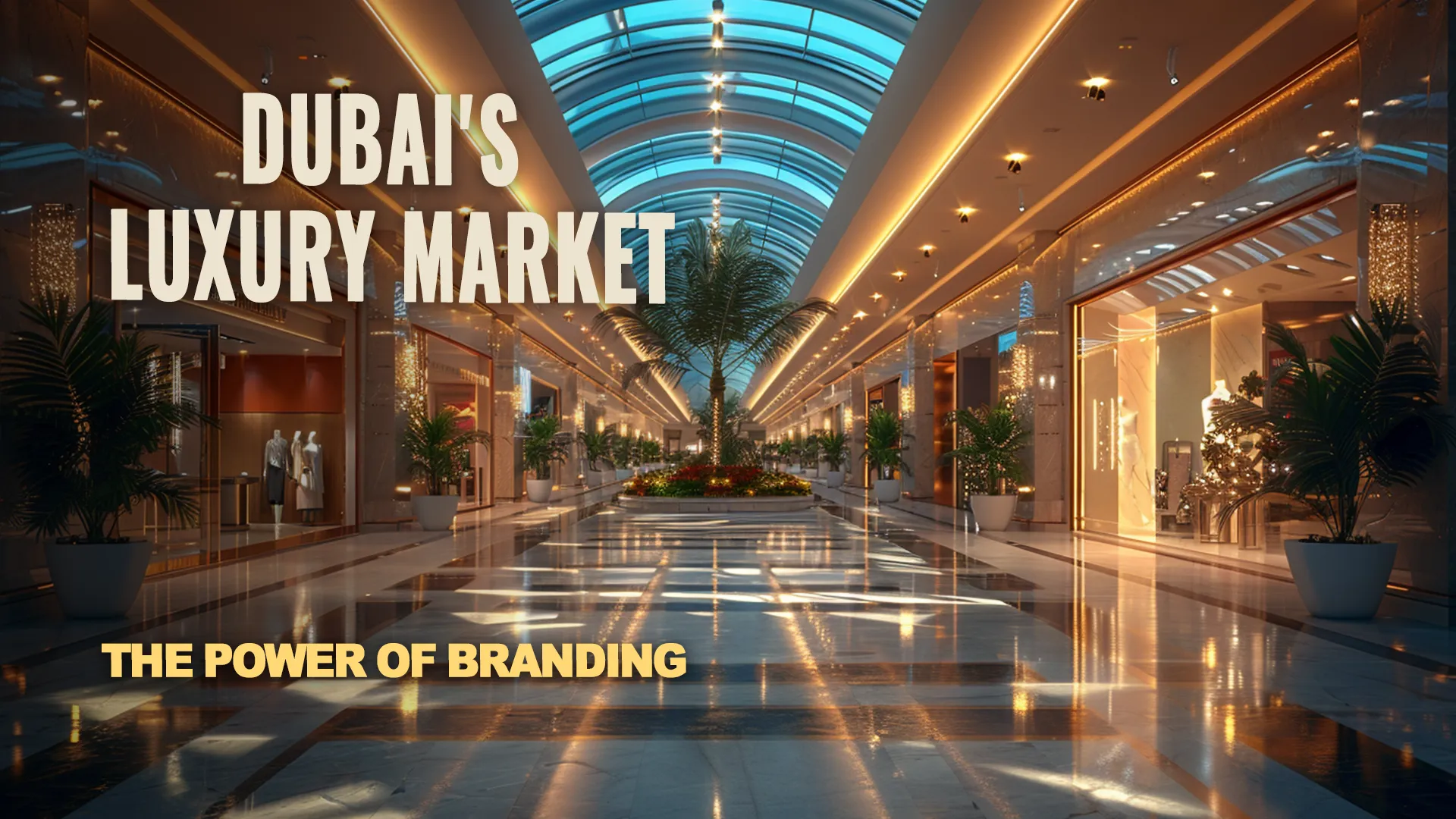 Luxurious futuristic shopping center Mall in Dubai, featuring palm trees and storefronts