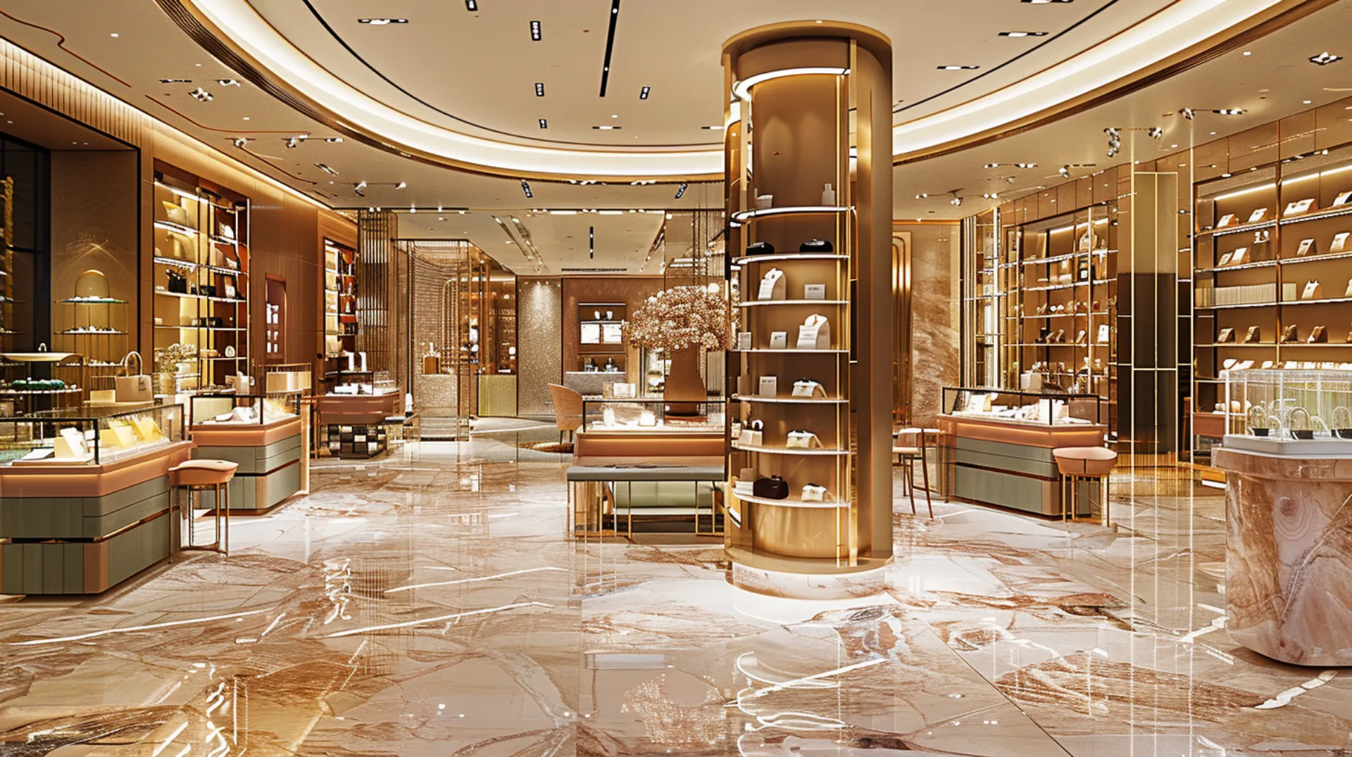 Luxury brand store showcasing lavish displays of jewelry, perfumes, and handbags