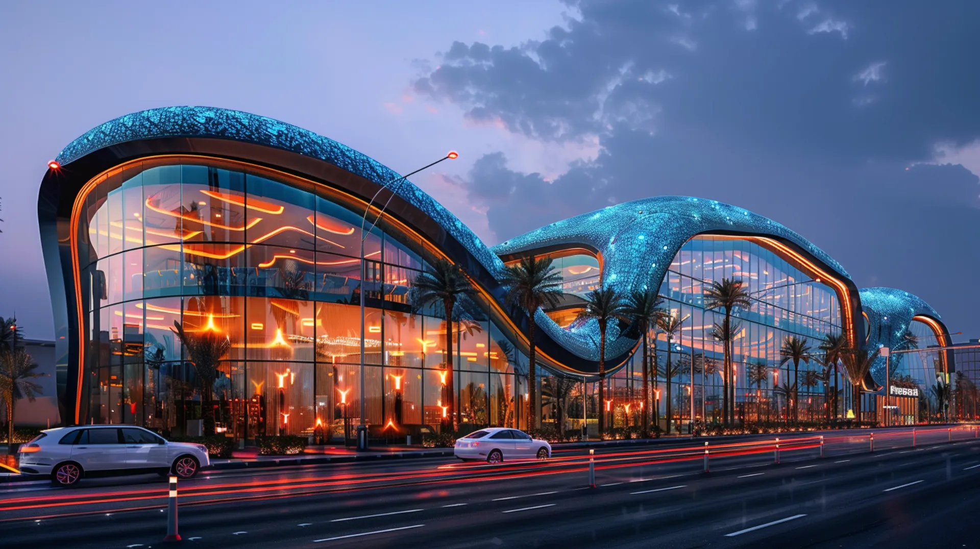 Large futuristic shopping center with expansive windows, situated by the highway in Dubai