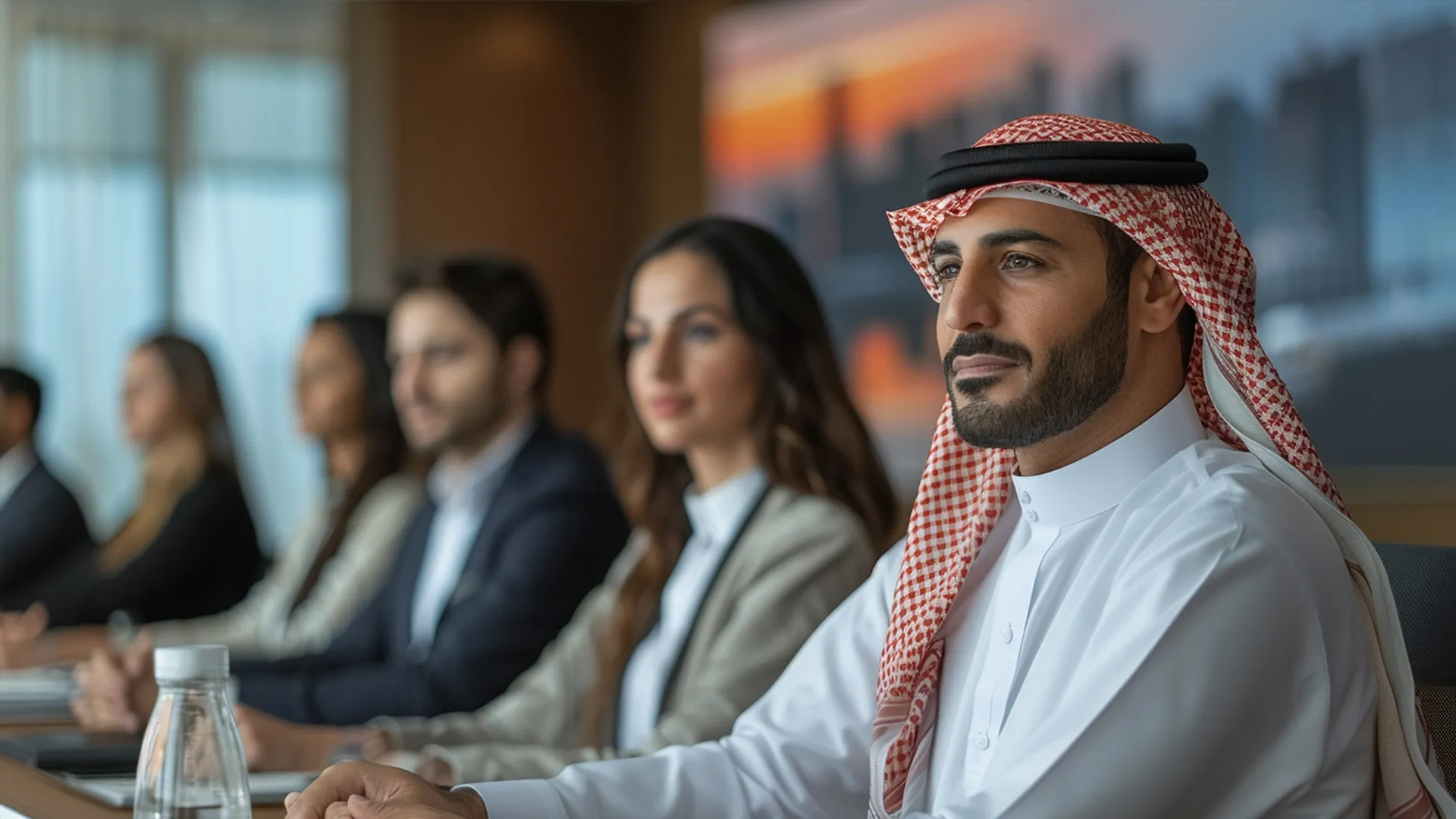 A group of business people sitting in an office conference room.