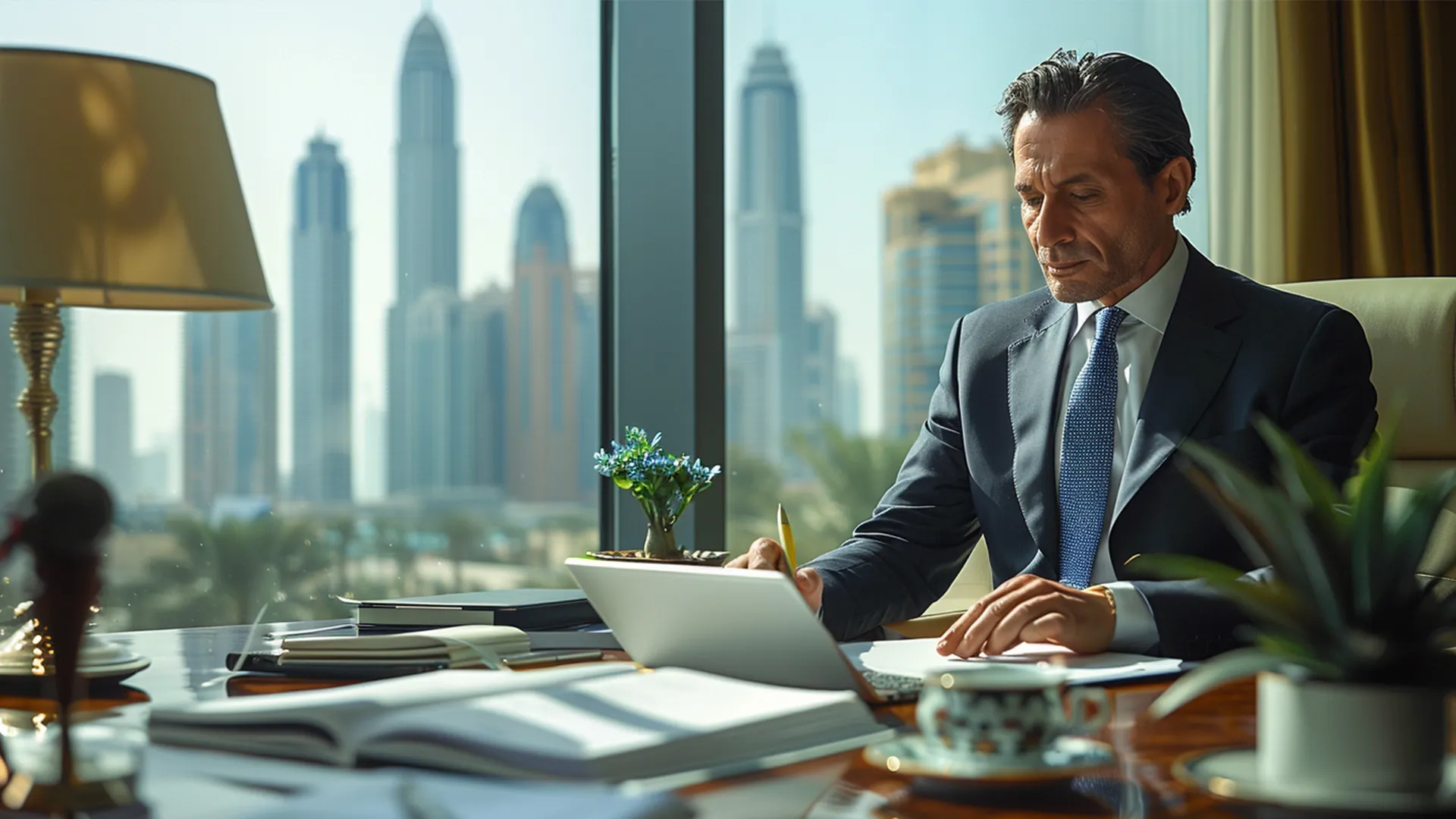 business man sitting at his desk with a laptop and papers in Dubai.