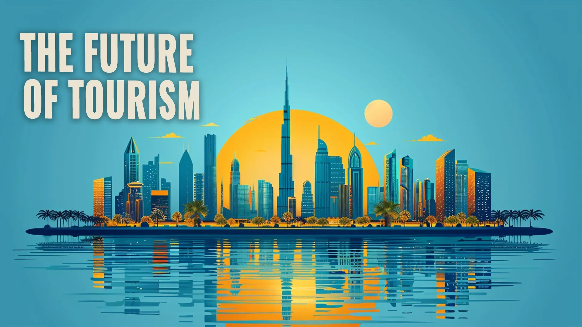 modern llustration of the Dubai and isolated sunset over city skyscrapers.