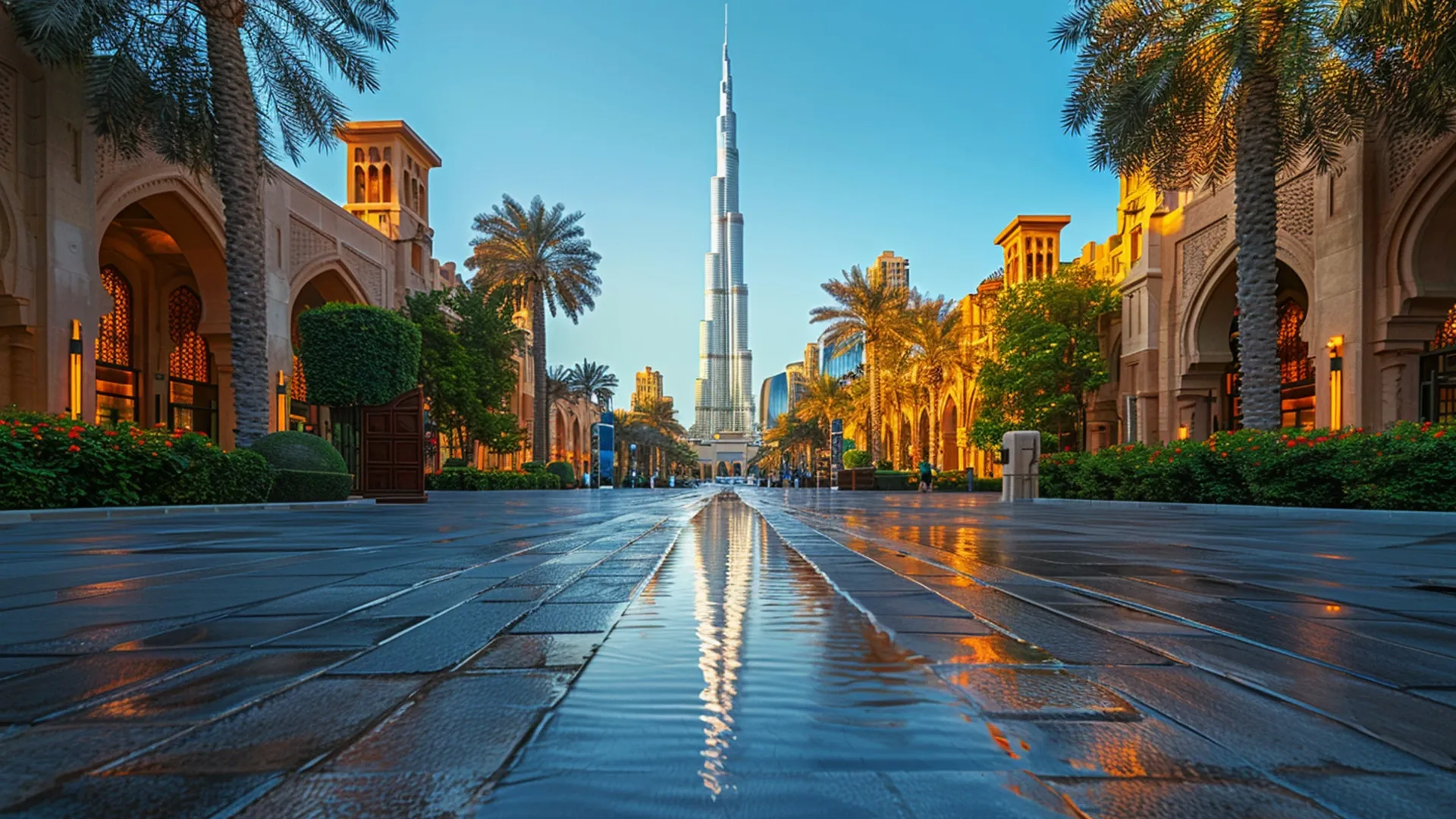 Photo of Burj Khalifa in Dubai, street view with pavement reflecting the tower.