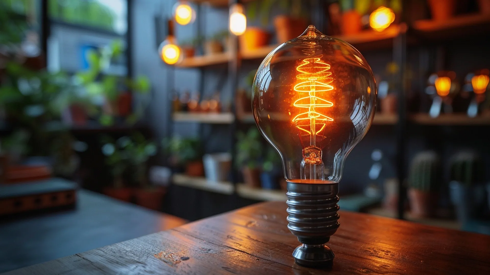 Vintage light bulb with a warm glow on a wooden table in a coffee shop.