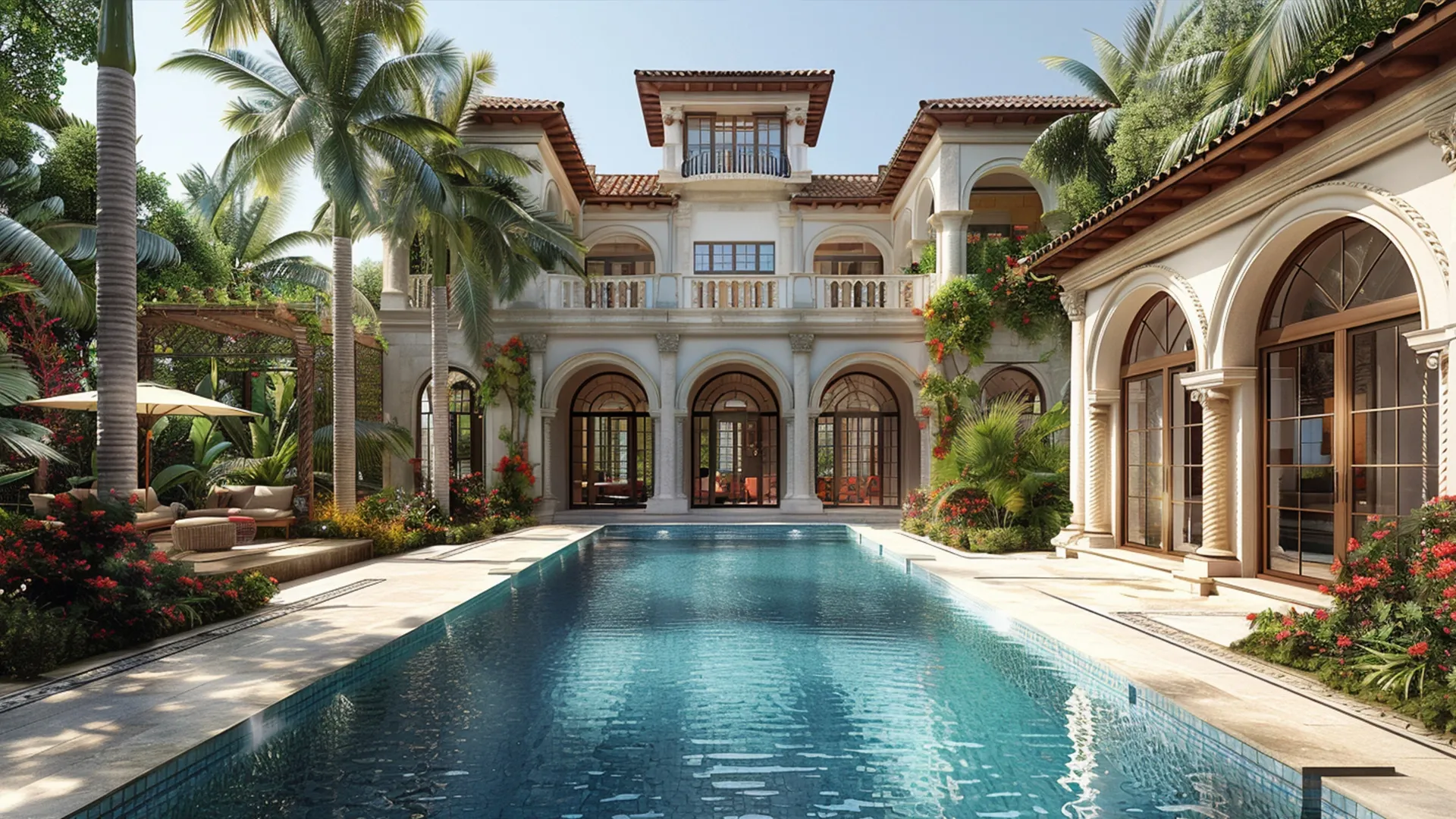 Mansion with arched windows, a large pool and palm trees surrounding it