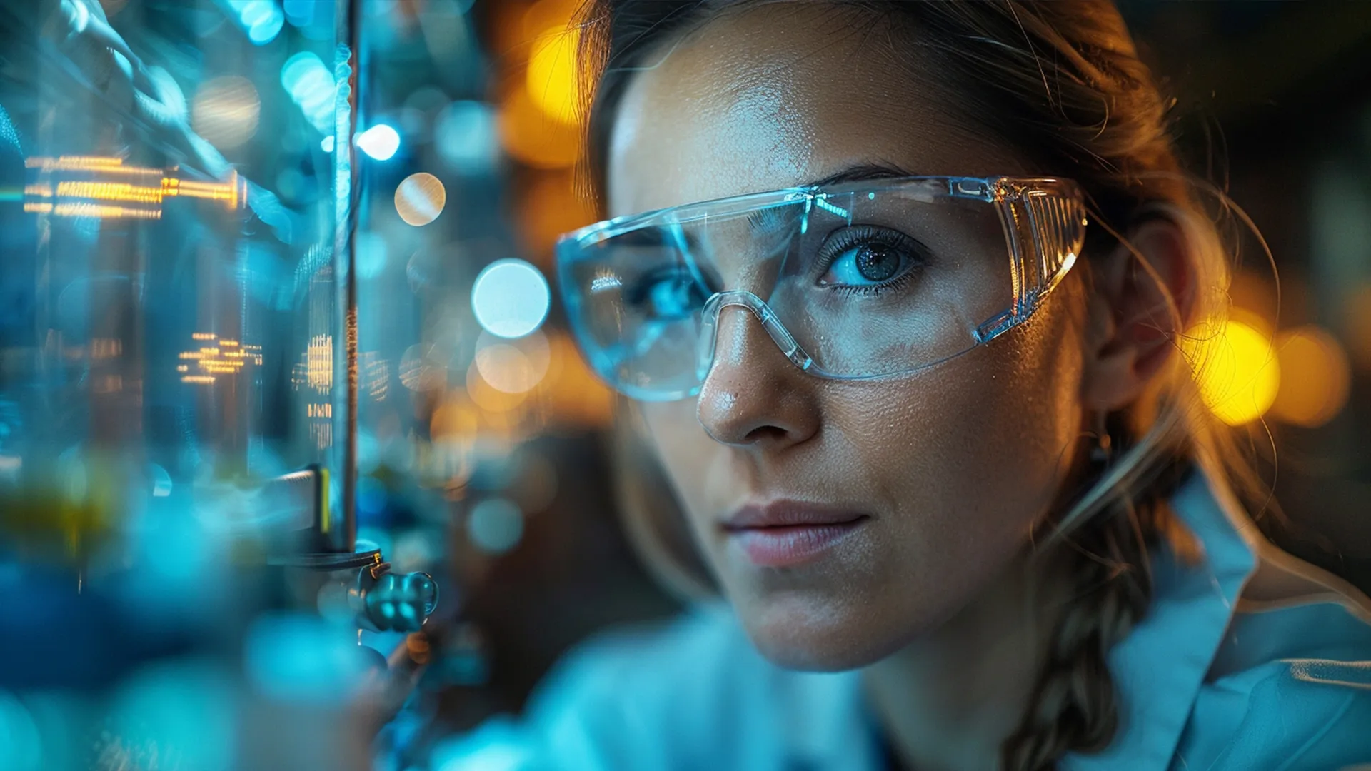 female scientist wearing protective glasses