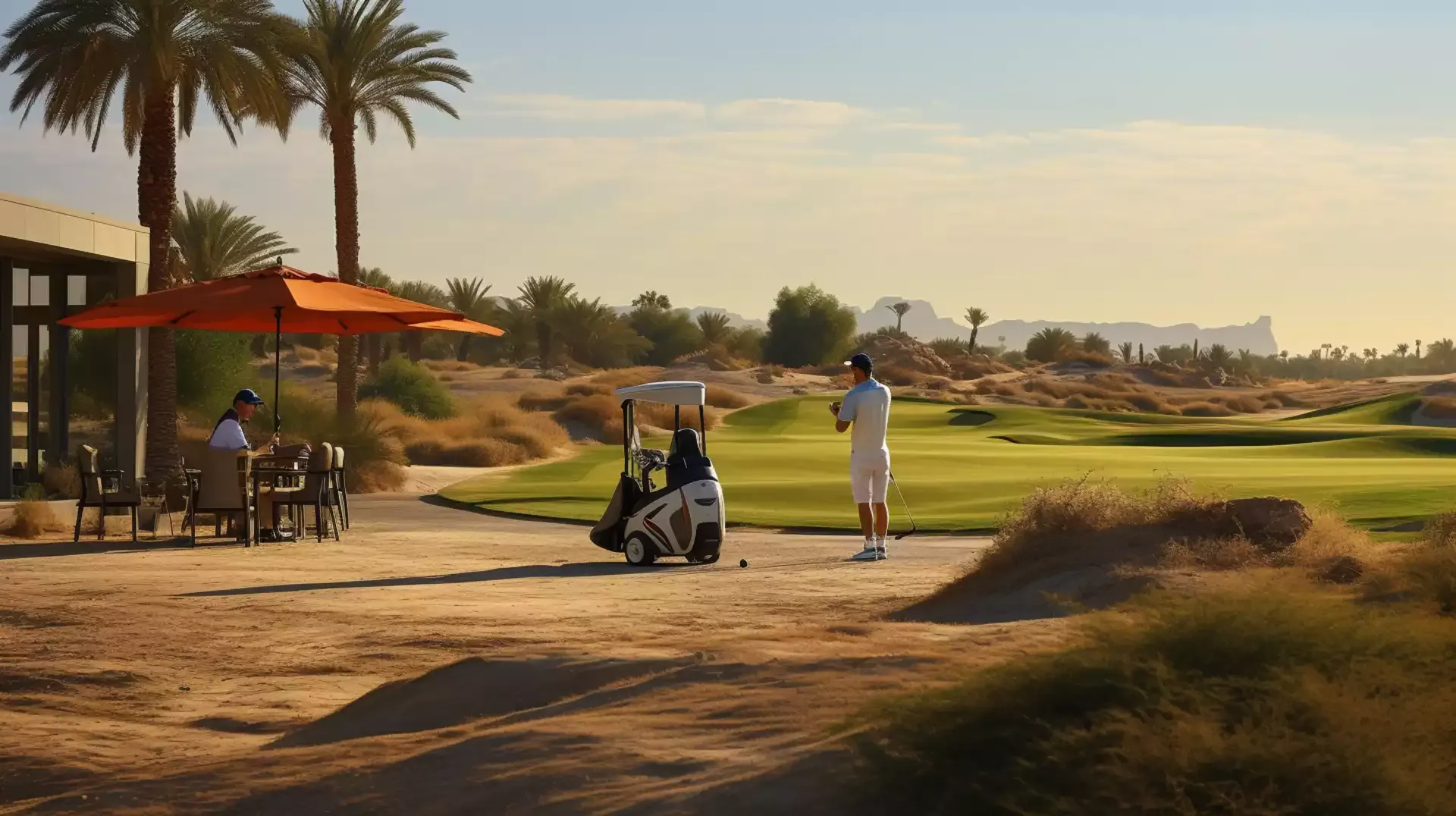 Golfers enjoying a round at the 18 hole, par 72 signature course at Arabian Ranches Golf Club, surrounded by picturesque fairways and indigenous land 