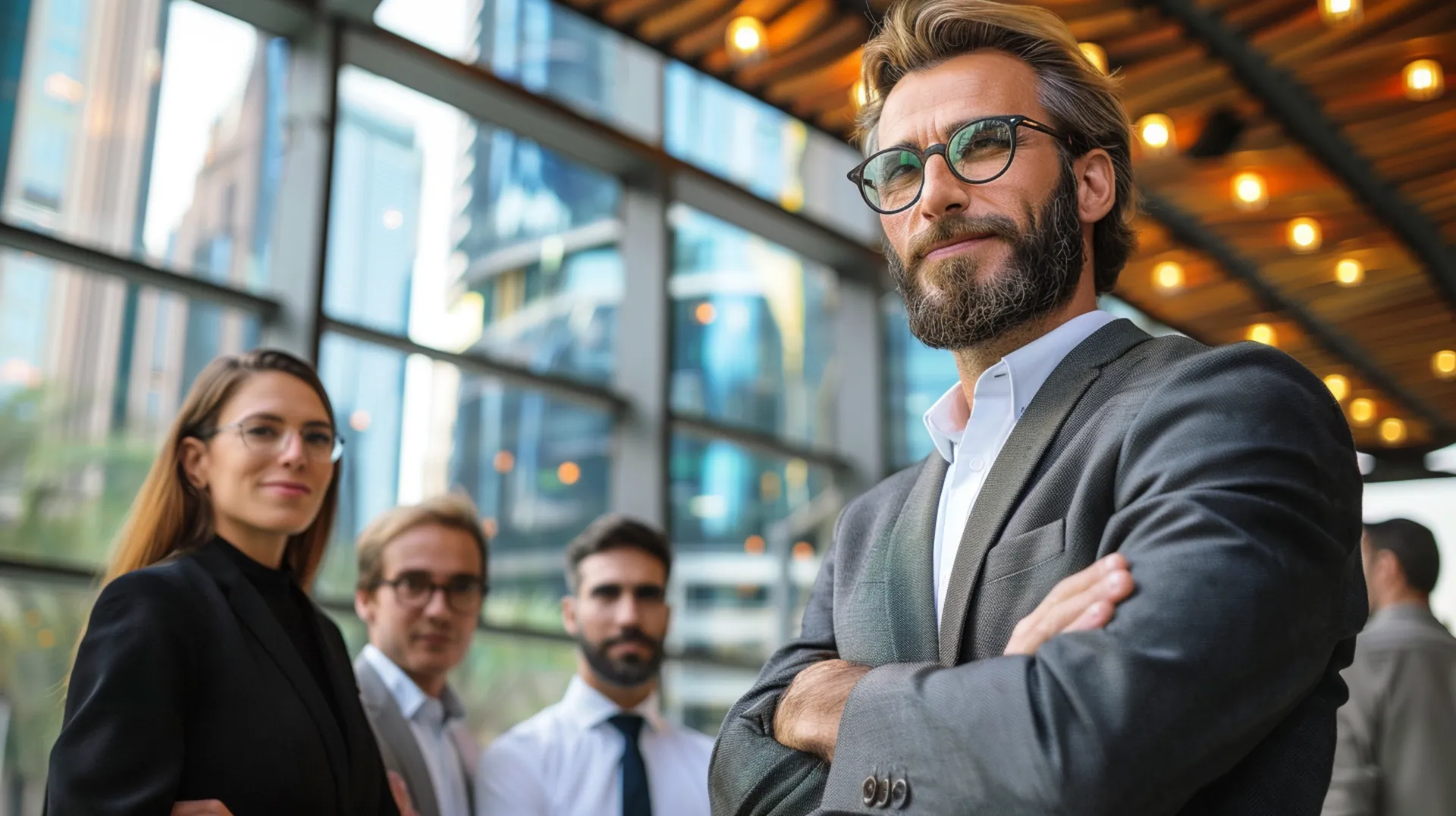 A man in glasses and a suit smiles in the foreground, representing the marketing team leader. In the background, a team of marketers consisting of a woman and two men