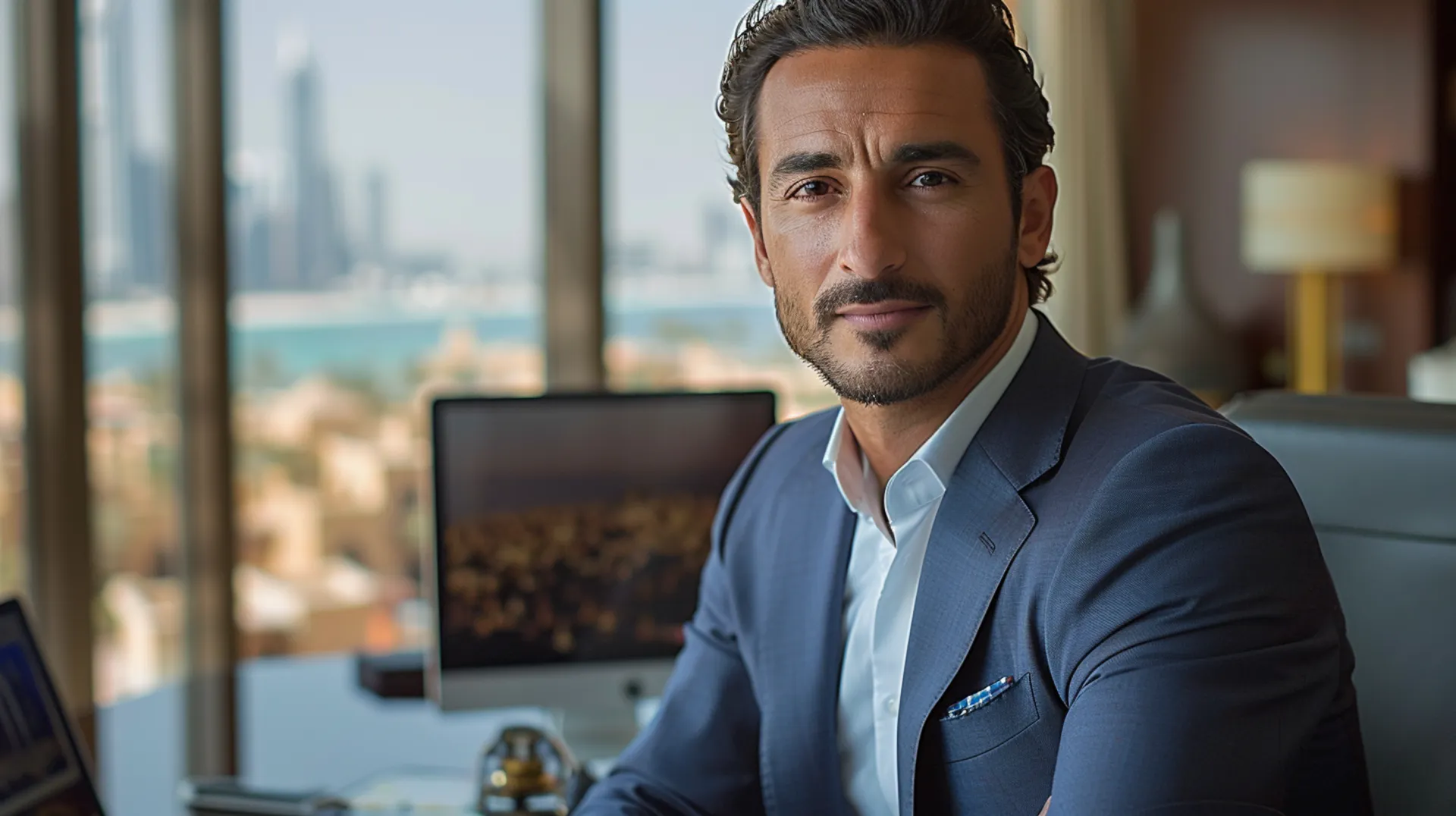 A successful businessman in a suit sitting in his office in a Dubai business center, looking ahead. His laptop is visible in the background, and the Dubai skyline is seen through the window