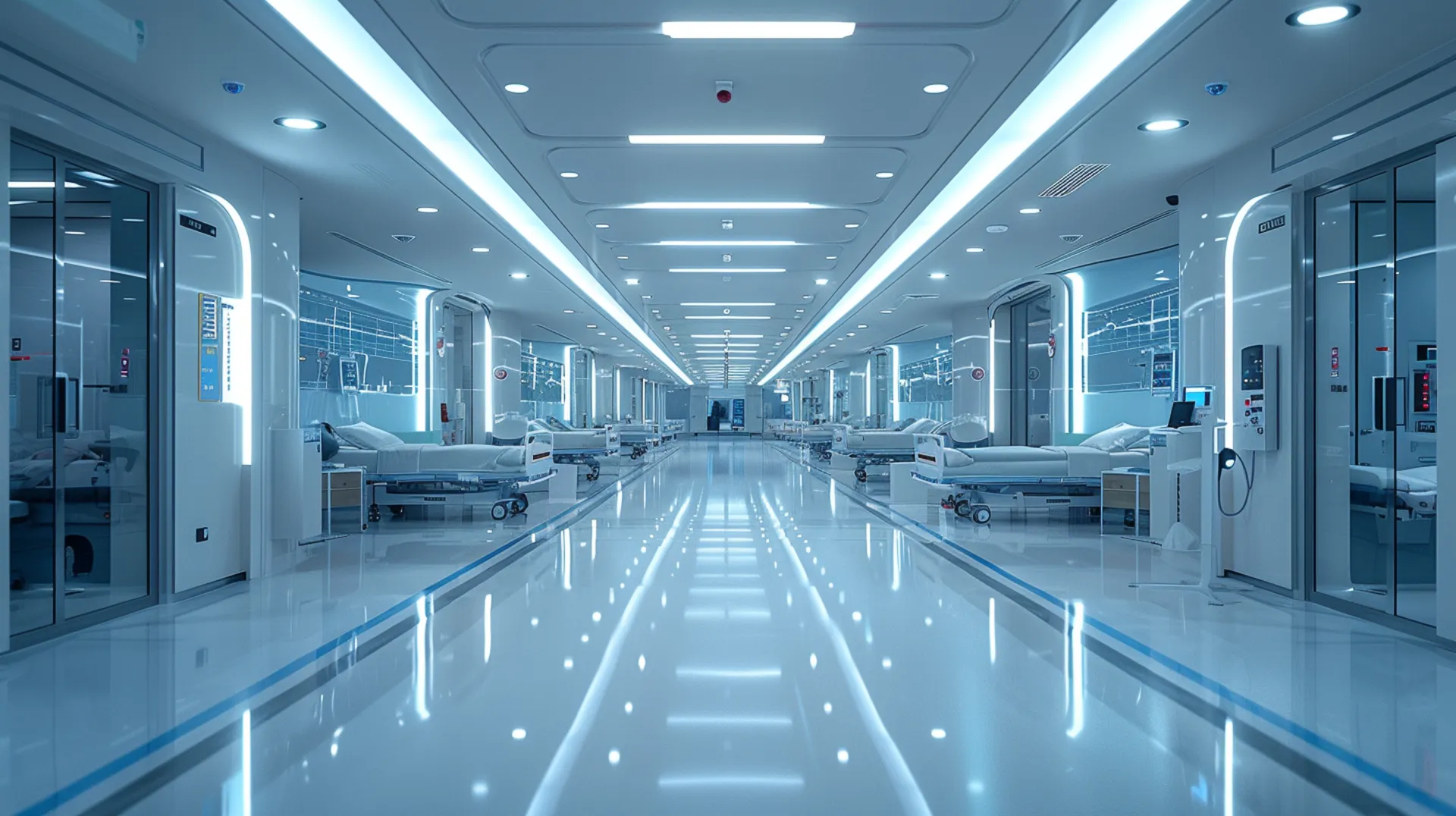 Hospital ward with advanced medical technology in Dubai. Rows of hospital beds and medical equipment 