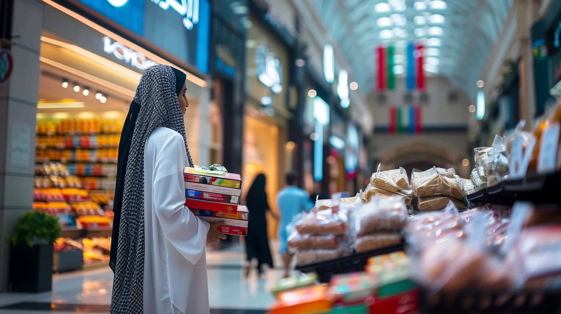 Woman carrying items she intends to purchase, inside a shopping center, with a store visible in the background