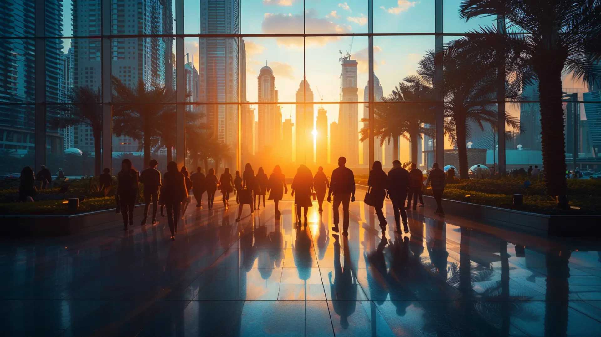 Crowd inside a building dispersing in different directions, with a Dubai`s cityscape at sunset in the background