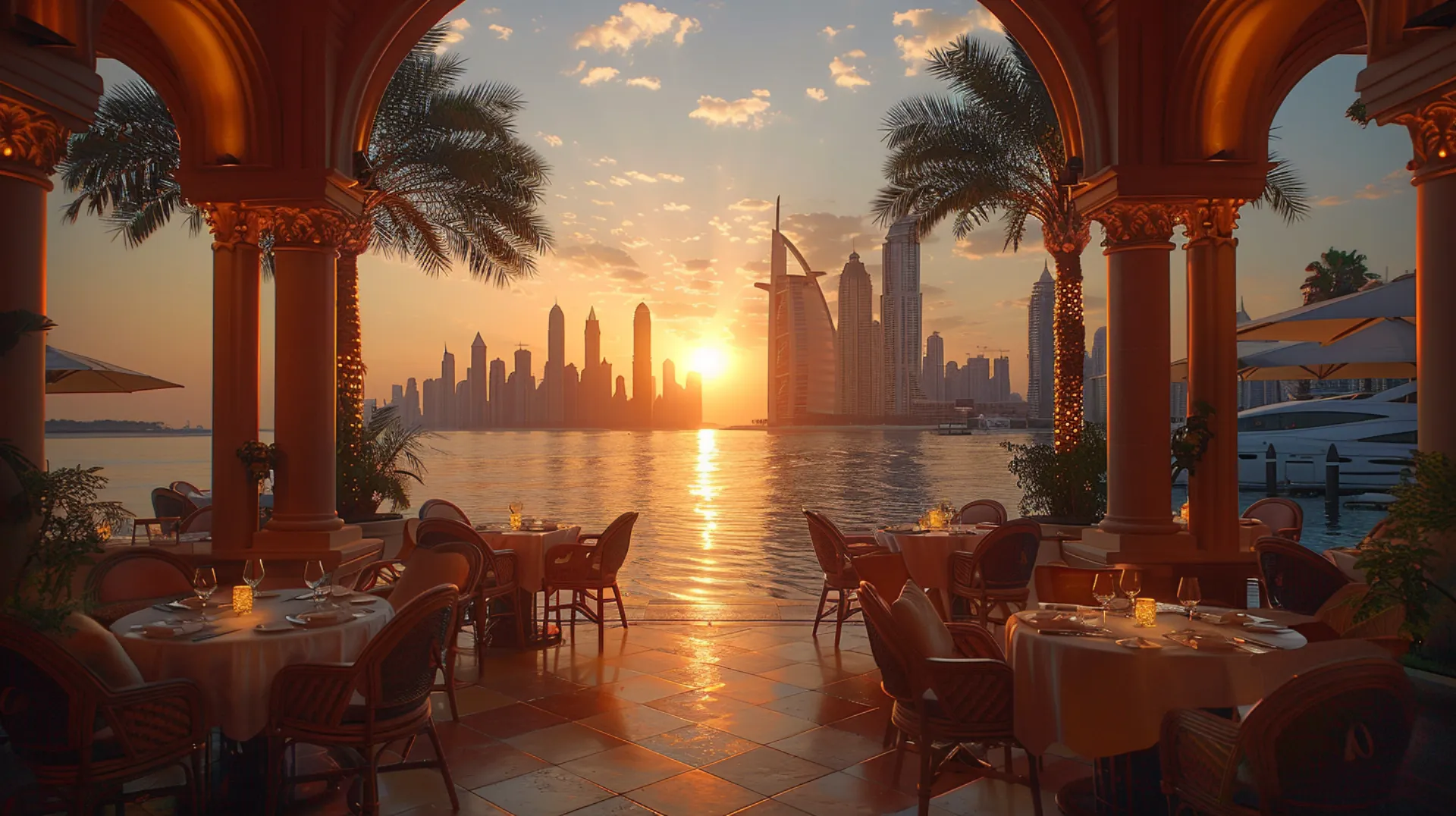 Upscale waterfront restaurant in Dubai with the cityscape in the background during sunset.