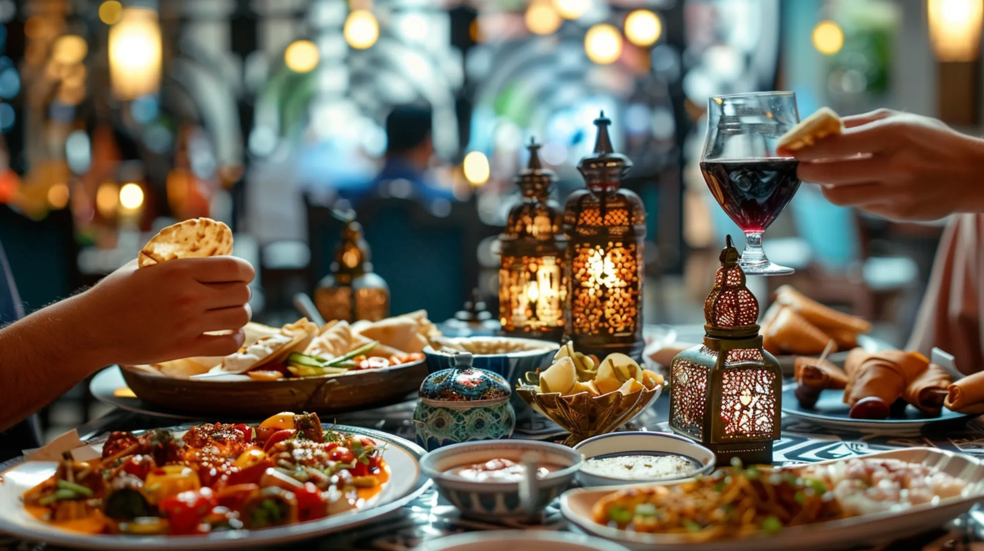 Variety of food on a table in Dubai, with a teapot in the center. Two people sitting at the table, enjoying their meal