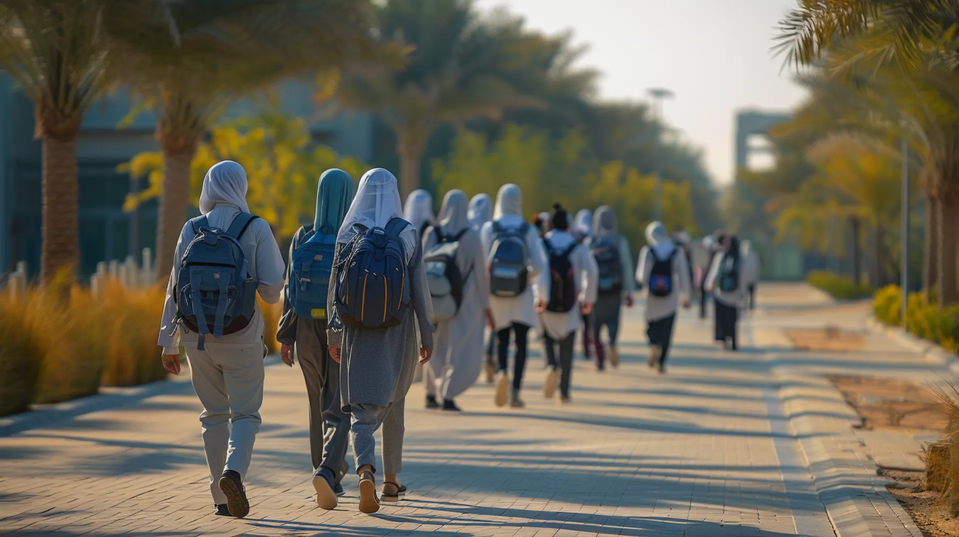 crowd of students walking forward, dressed in casual attire with backpacks on their backs